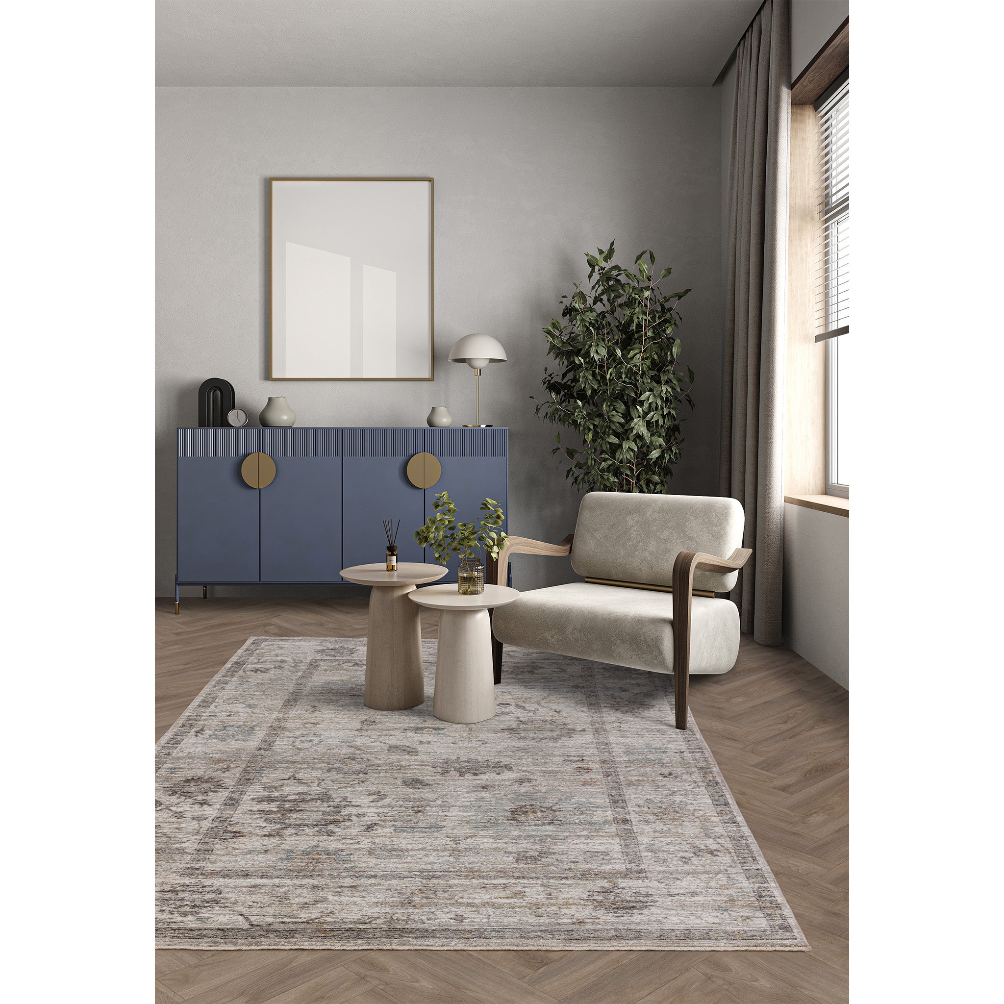 Floral Design Vintage Style Rug  in Blue Grey
