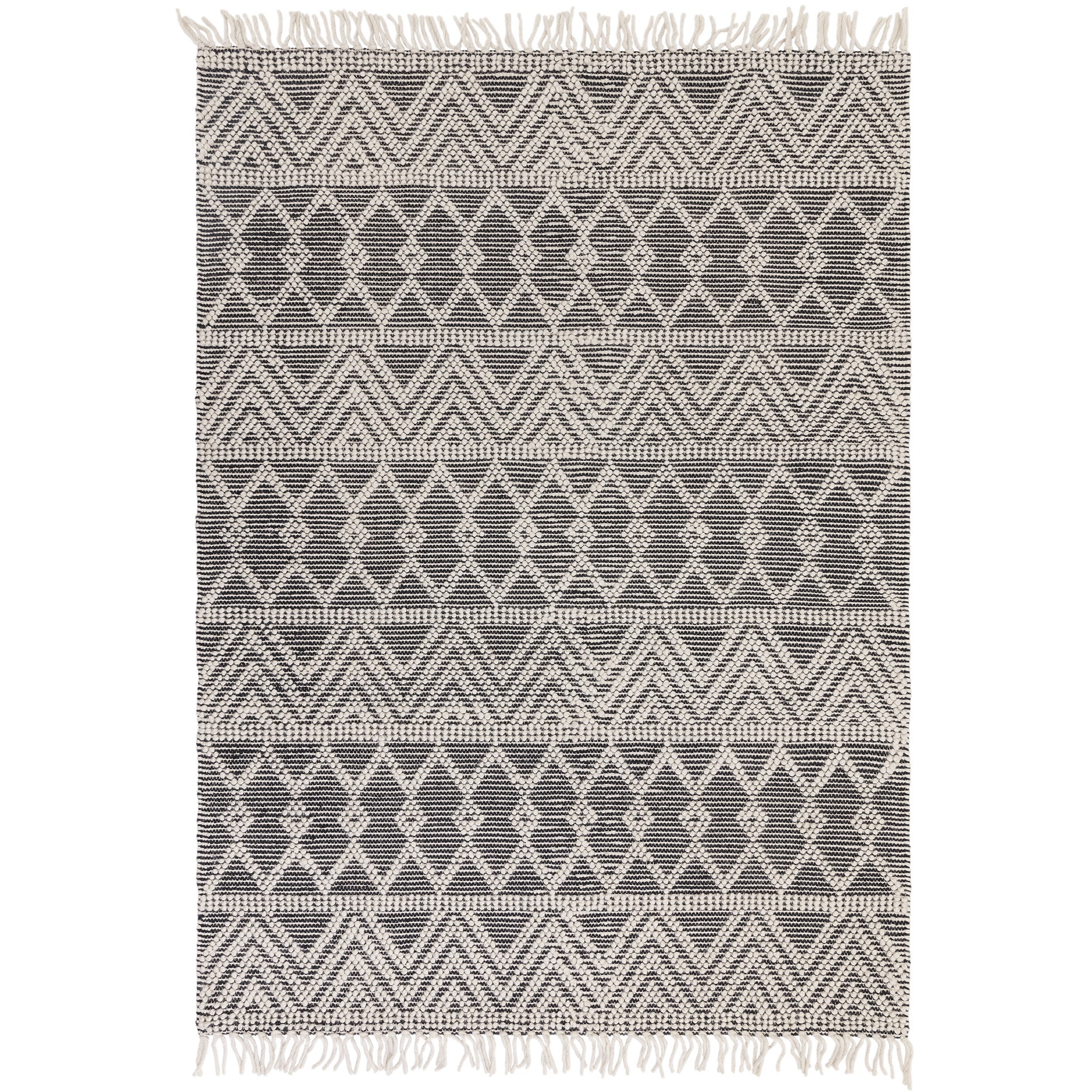 Modern look boho rug, crafted in soft natural weaves in cream and black. This rug features a bobble finish and fringe detailing. Size Medium. Pile height: 10mm Dimensions: 1200 x 1700 mm  100% Wool  Handwoven in India Delivery: 5-7 days
