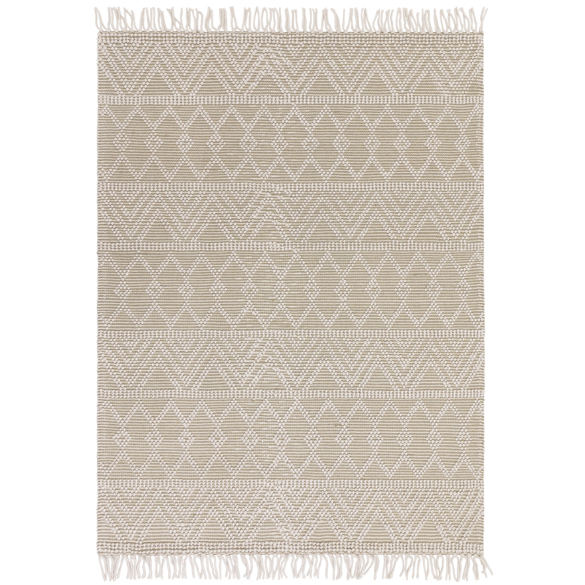 Modern look boho rug, crafted in soft natural weaves in cream and natural. This rug features a bobble finish and fringe detailing. Size Extra Large. Pile height: 10mm Dimensions: 2000 x 2900 mm  100% Wool  Handwoven in India Delivery: 5-7 days
