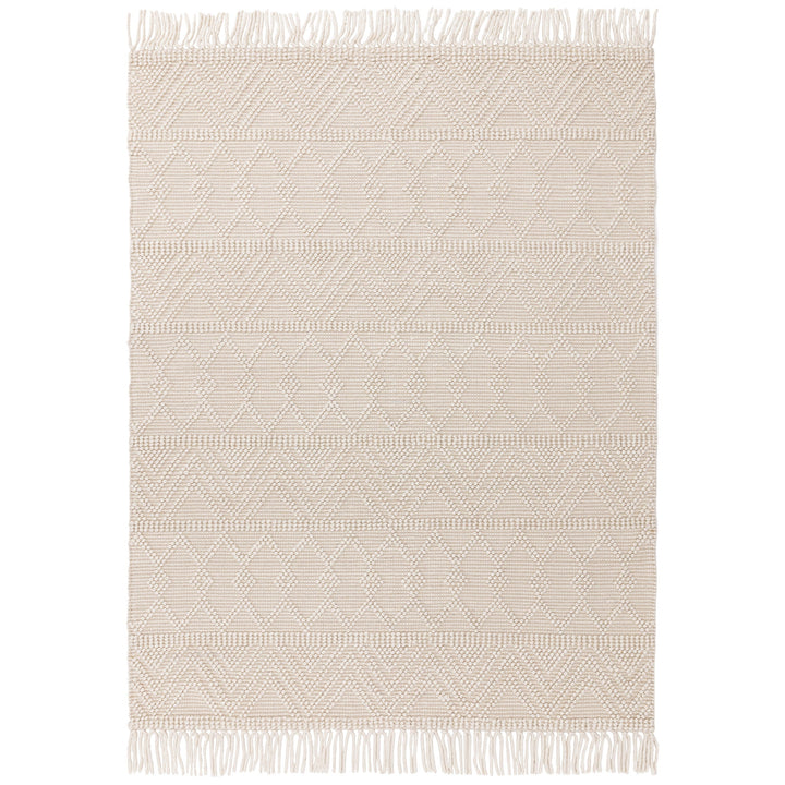 Modern look boho rug, crafted in soft natural weaves in ivory. This rug features a bobble finish and fringe detailing. Size Extra Large. Pile height: 10mm Dimensions: 2000 x 2900 mm  100% Wool  Handwoven in India Delivery: 5-7 days