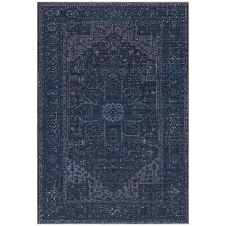 Vintage Persian style flatweave rug with a refined distressed finish, in an indigo colour. This rug is machine washable. Size Extra Large.  Pile Height: 0.5mm Dimensions: 2000 x 2900 mm  Materials: 80% Chenille, 20% Cotton  Machine Woven in Turkey Delivery: 5-7 days