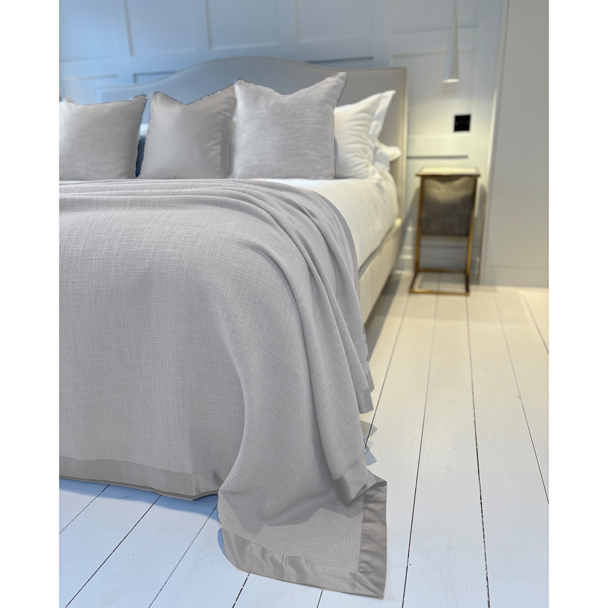 Luxury Linen Blend and Satin Border Bed Throw - Mist Grey