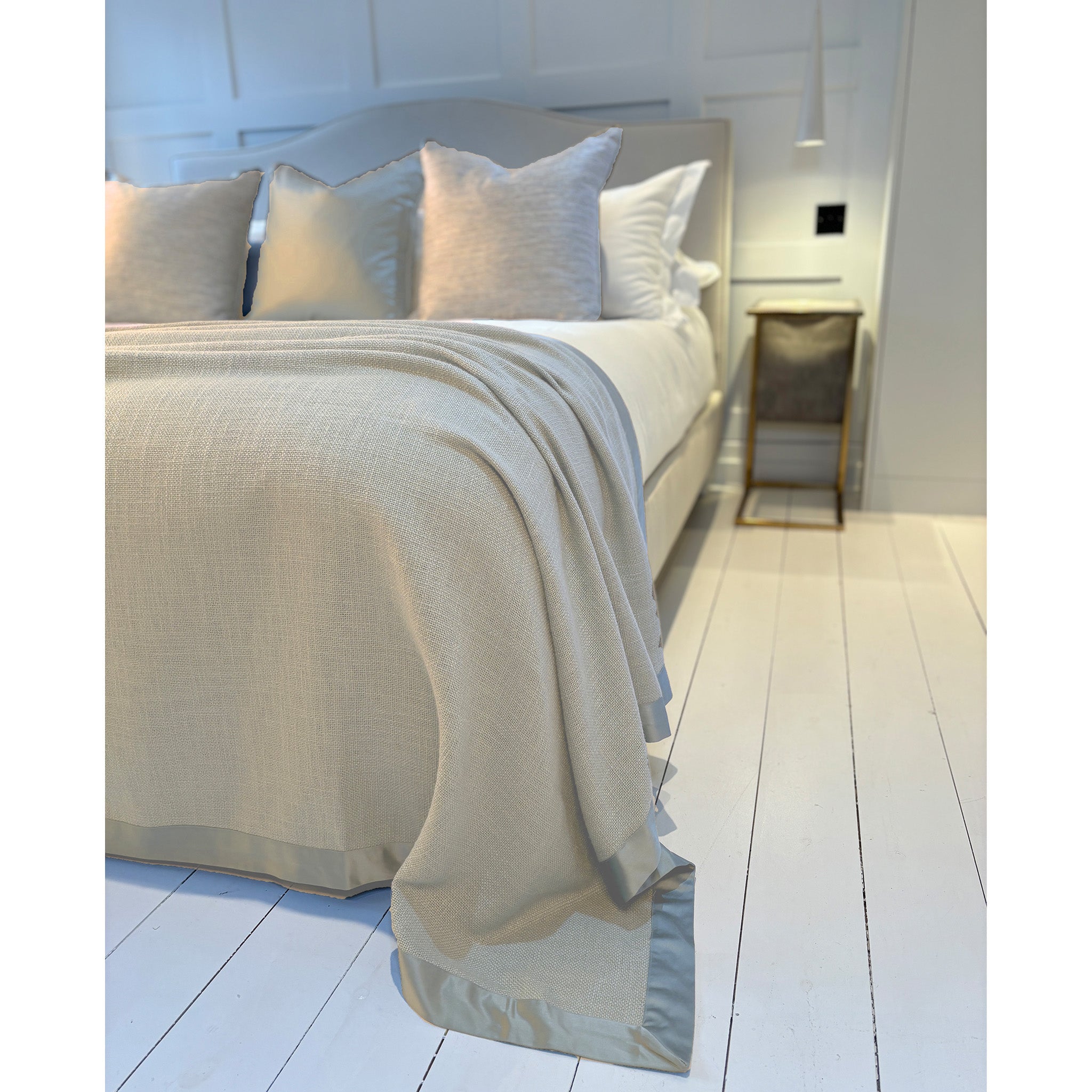 Luxury Linen Blend and Satin Border Bed Throw - Natural