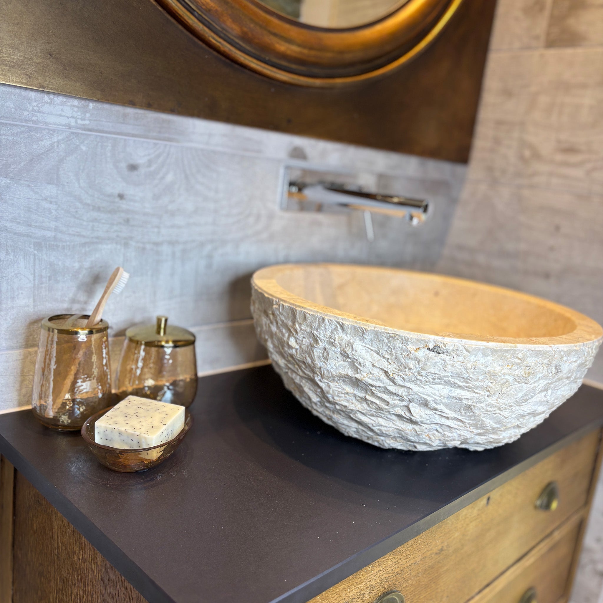 Glass and Gold Bathroom Jar