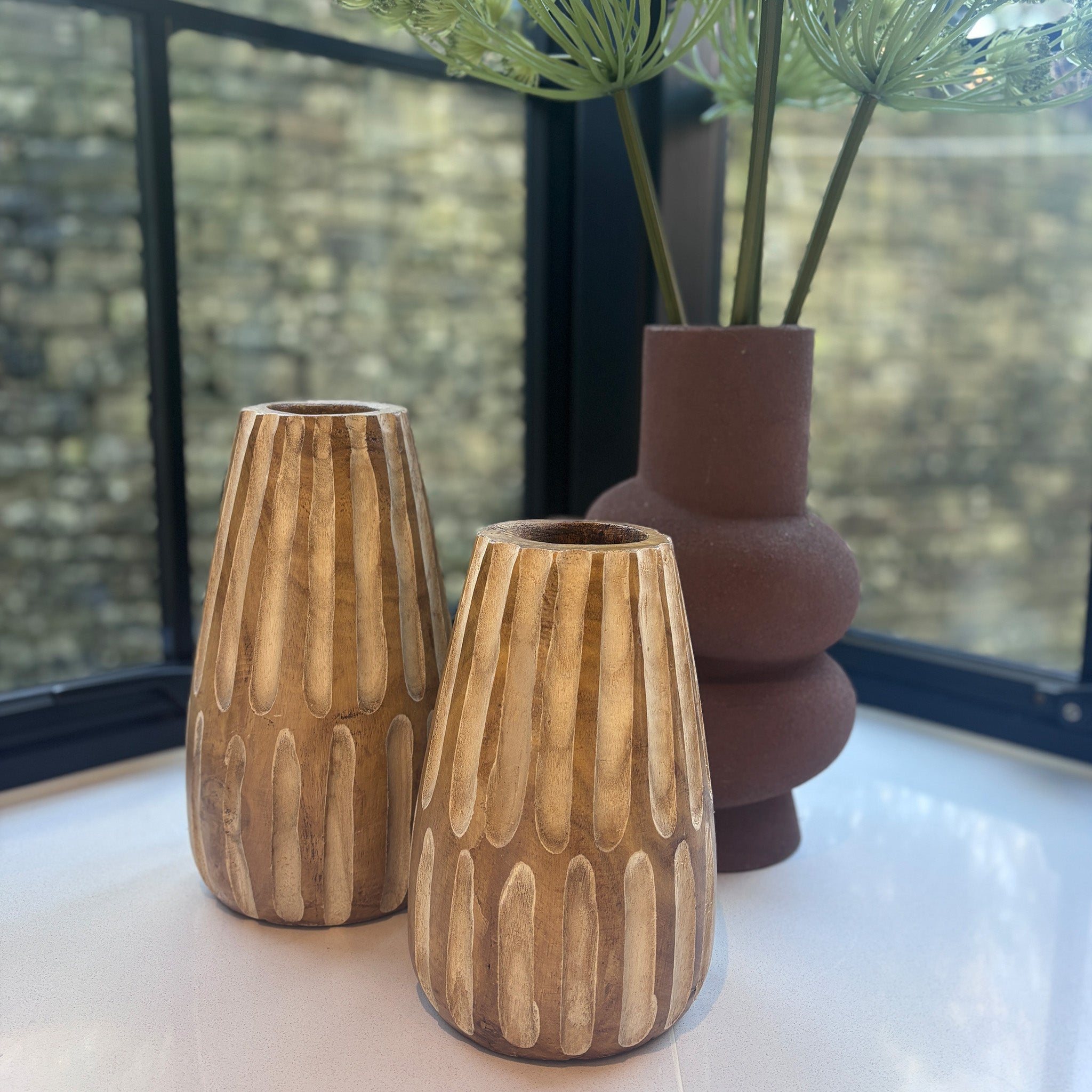 Linear Engraved Wooden Vase - Large