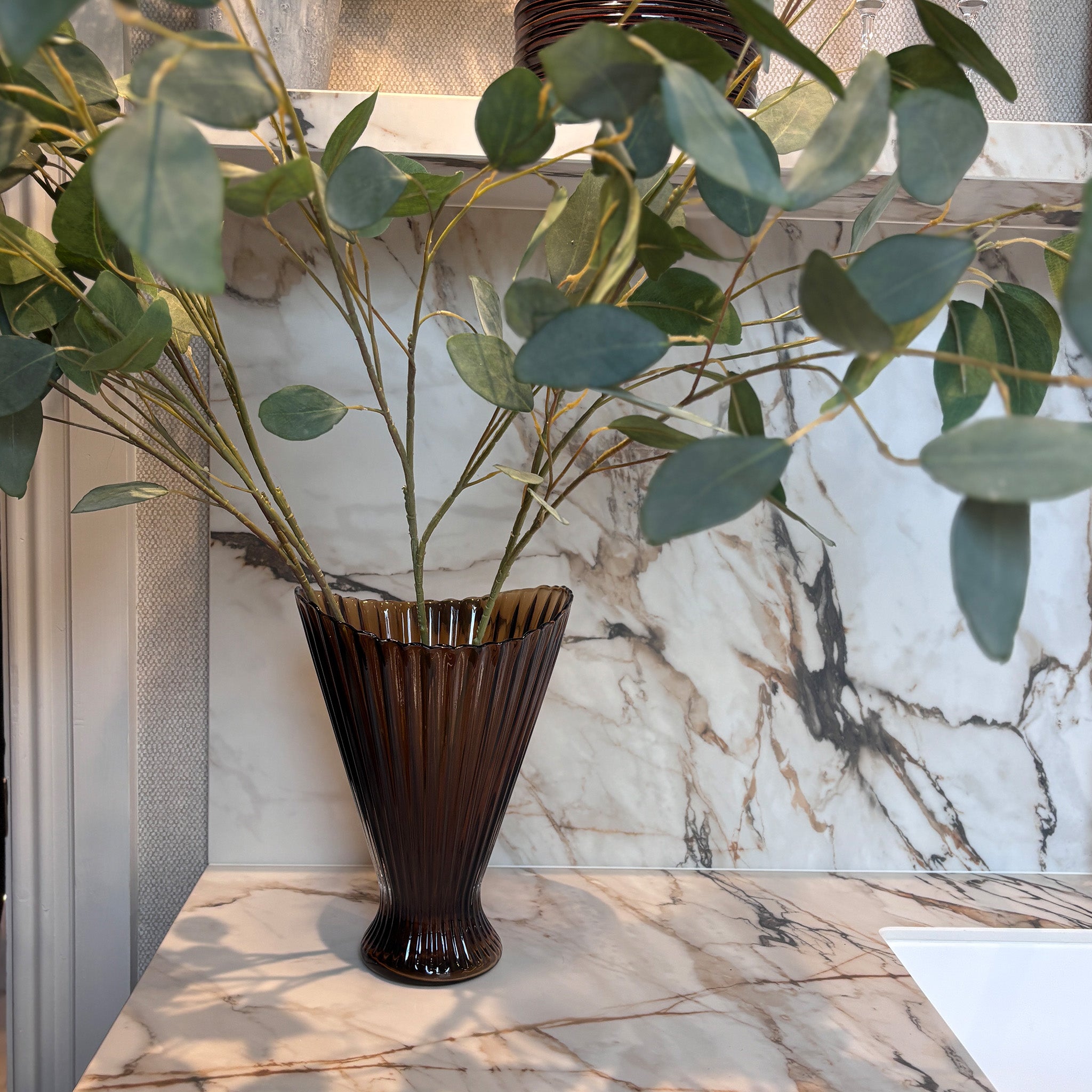 Flared Ribbed Amber Glass Vase