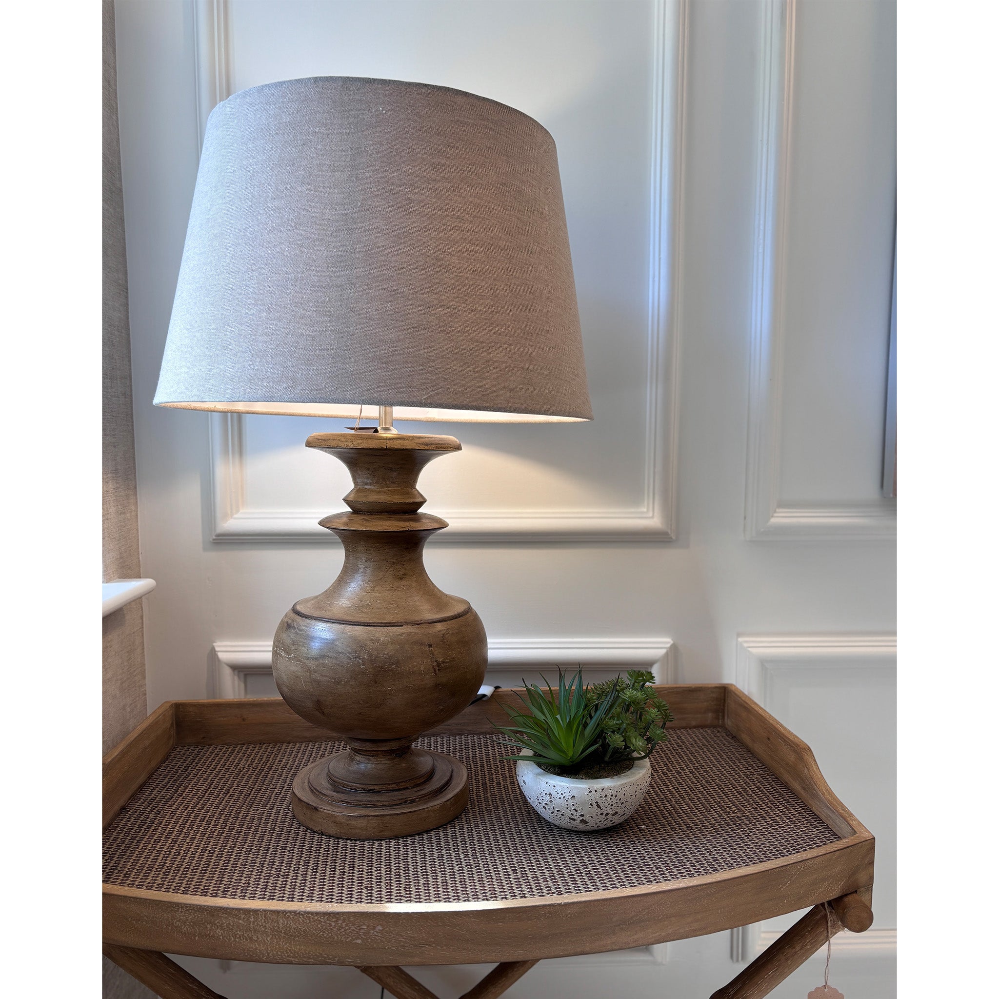 Turned Wood Table Lamp With Linen Shade