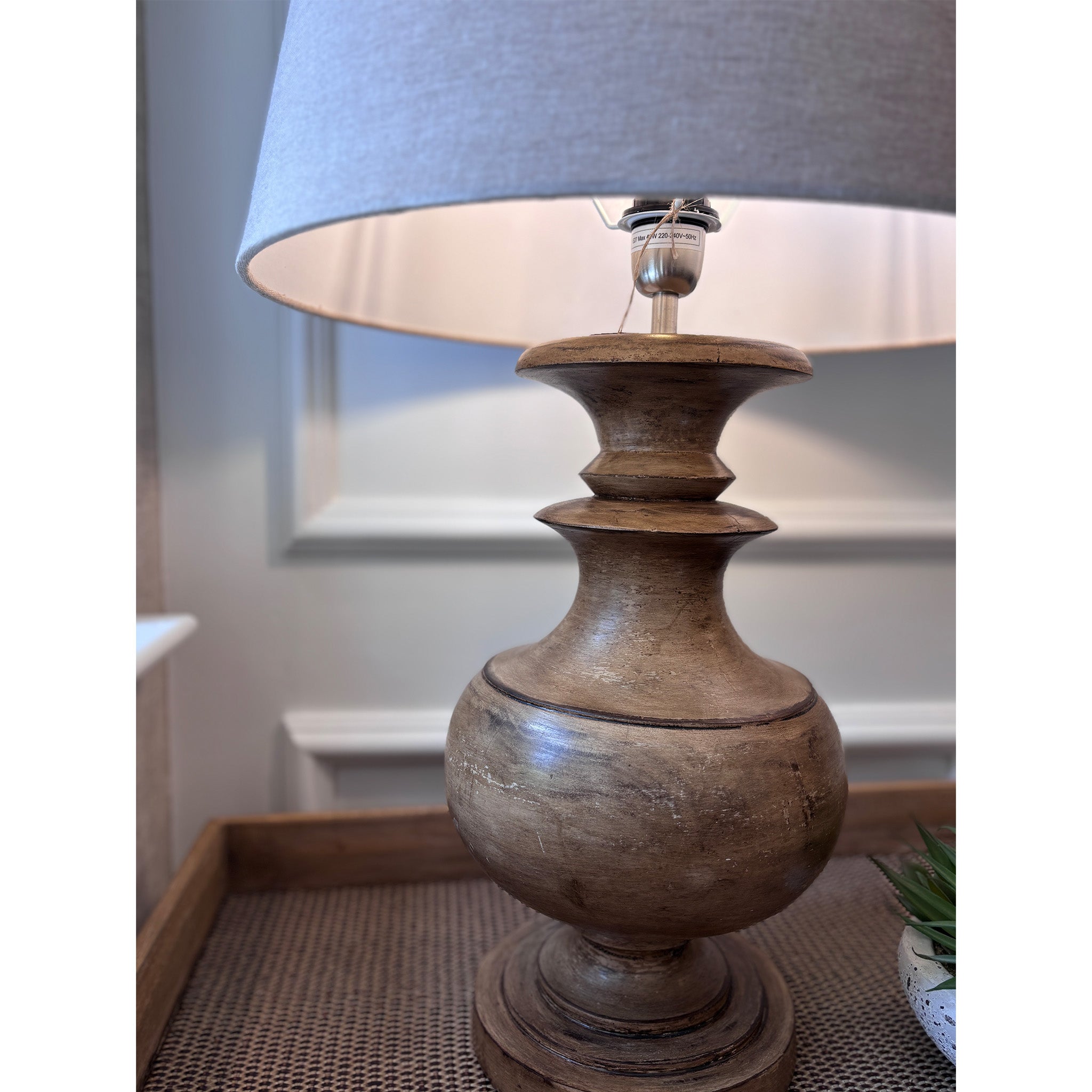 Turned Wood Table Lamp With Linen Shade