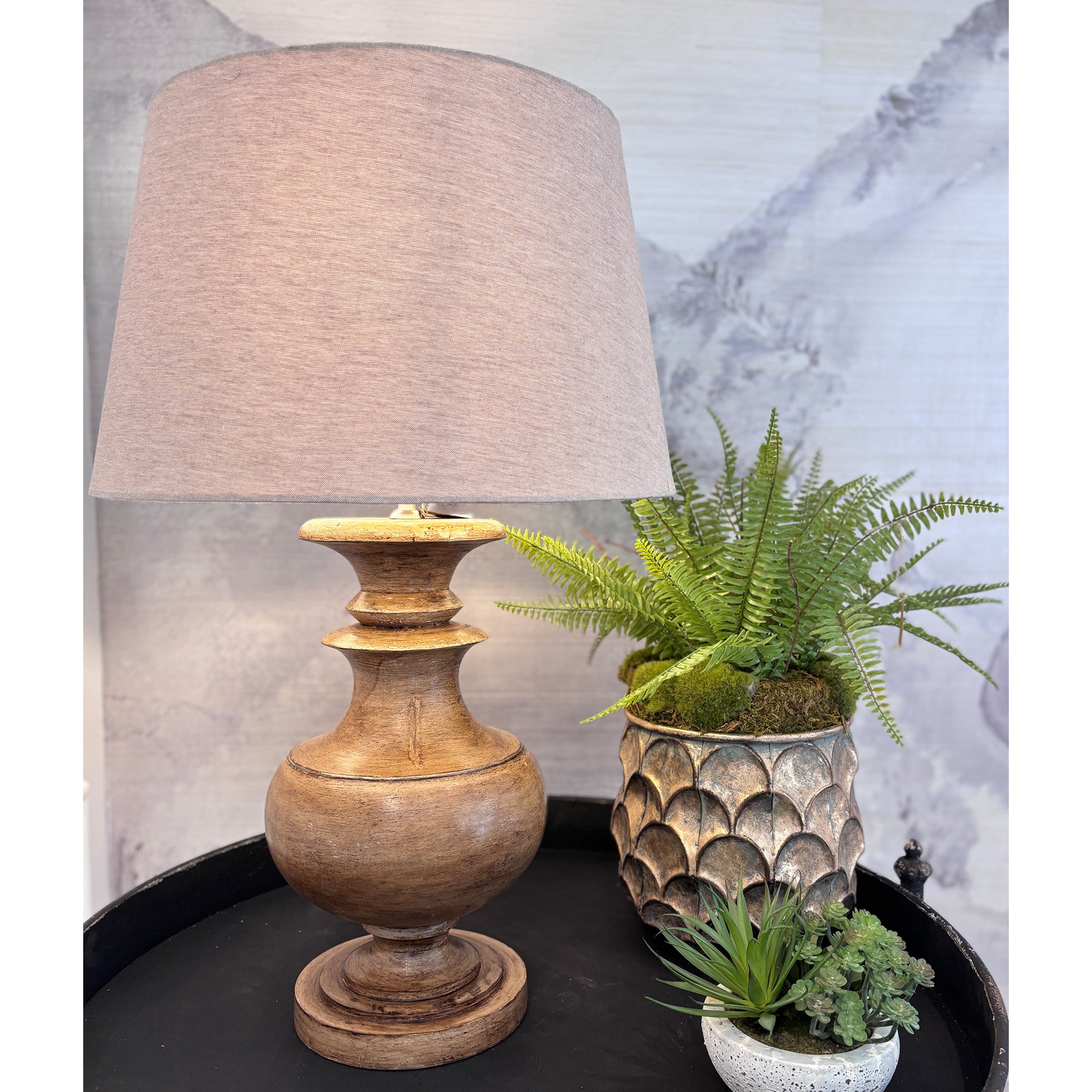 Turned Wood Table Lamp With Linen Shade