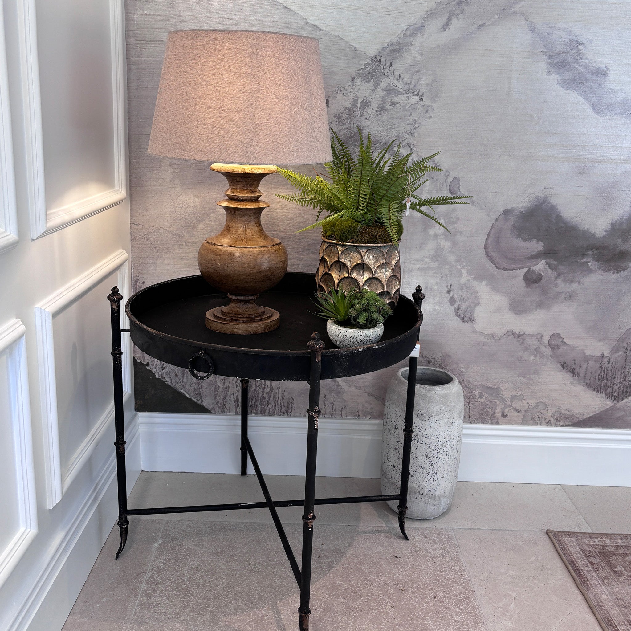 Turned Wood Table Lamp With Linen Shade