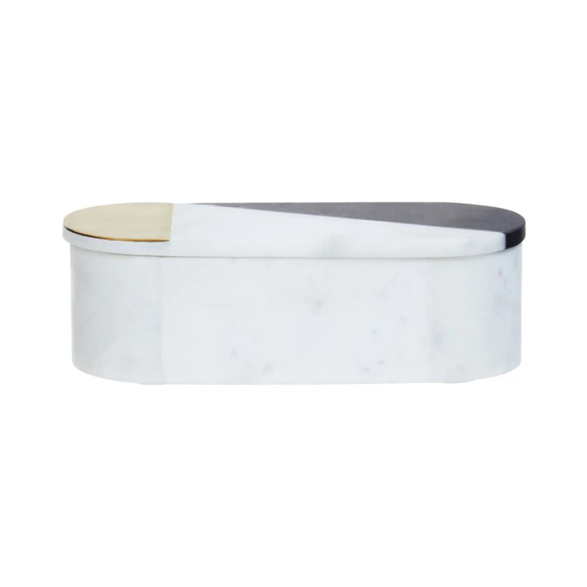 Rectangular white marble trinket box with black marble and gold inlay, abstract block design on the lid.
Dimensions: H90 x L70 x W210 mm 
Materials: Marble