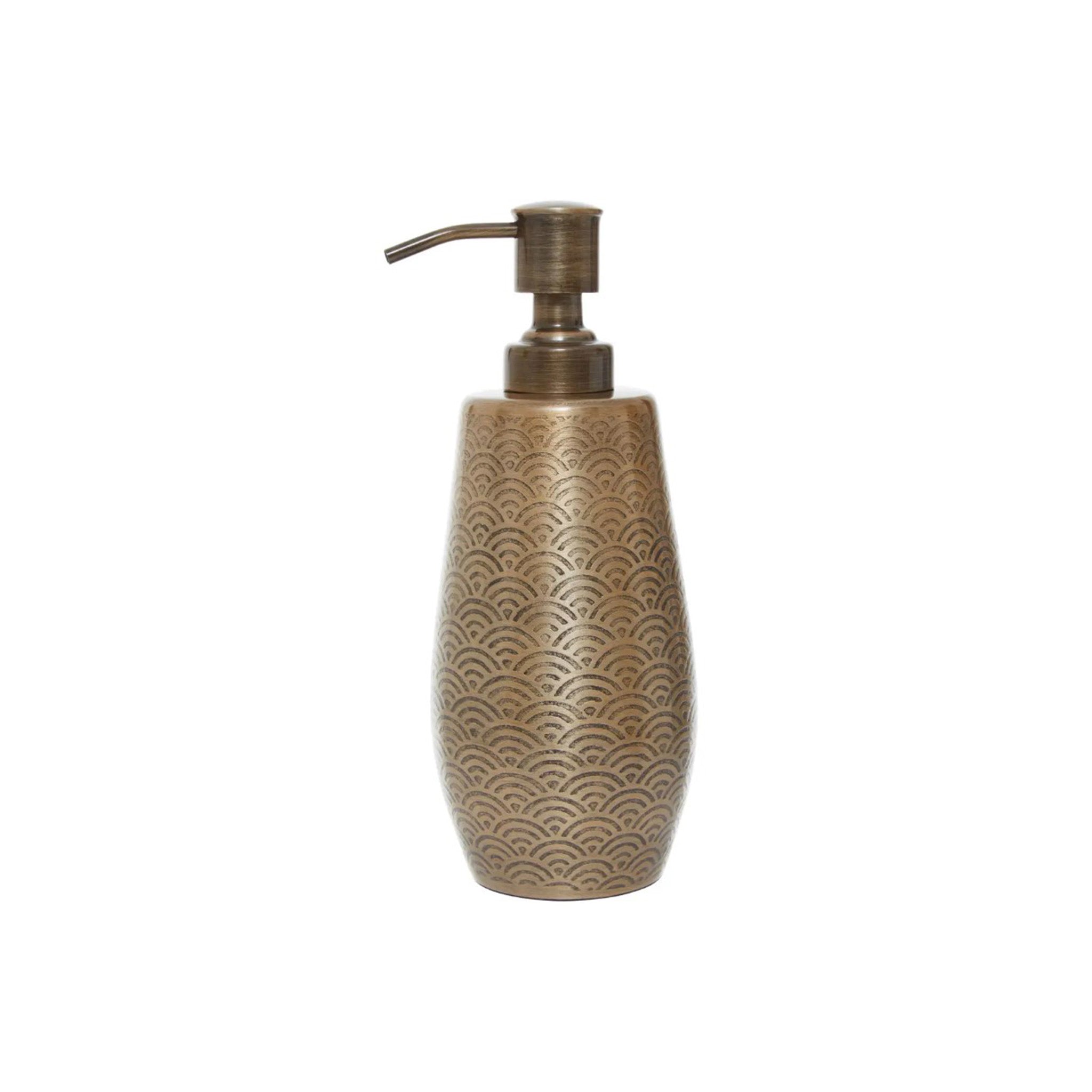 Dark Gold finished soap dispenser with a delicate scallop etched pattern surface.   Dimensions: H20 x D7 x W7 cm Matertials: Aluminium 90%, Plastic 10%   Delivery: 7-10 Working days