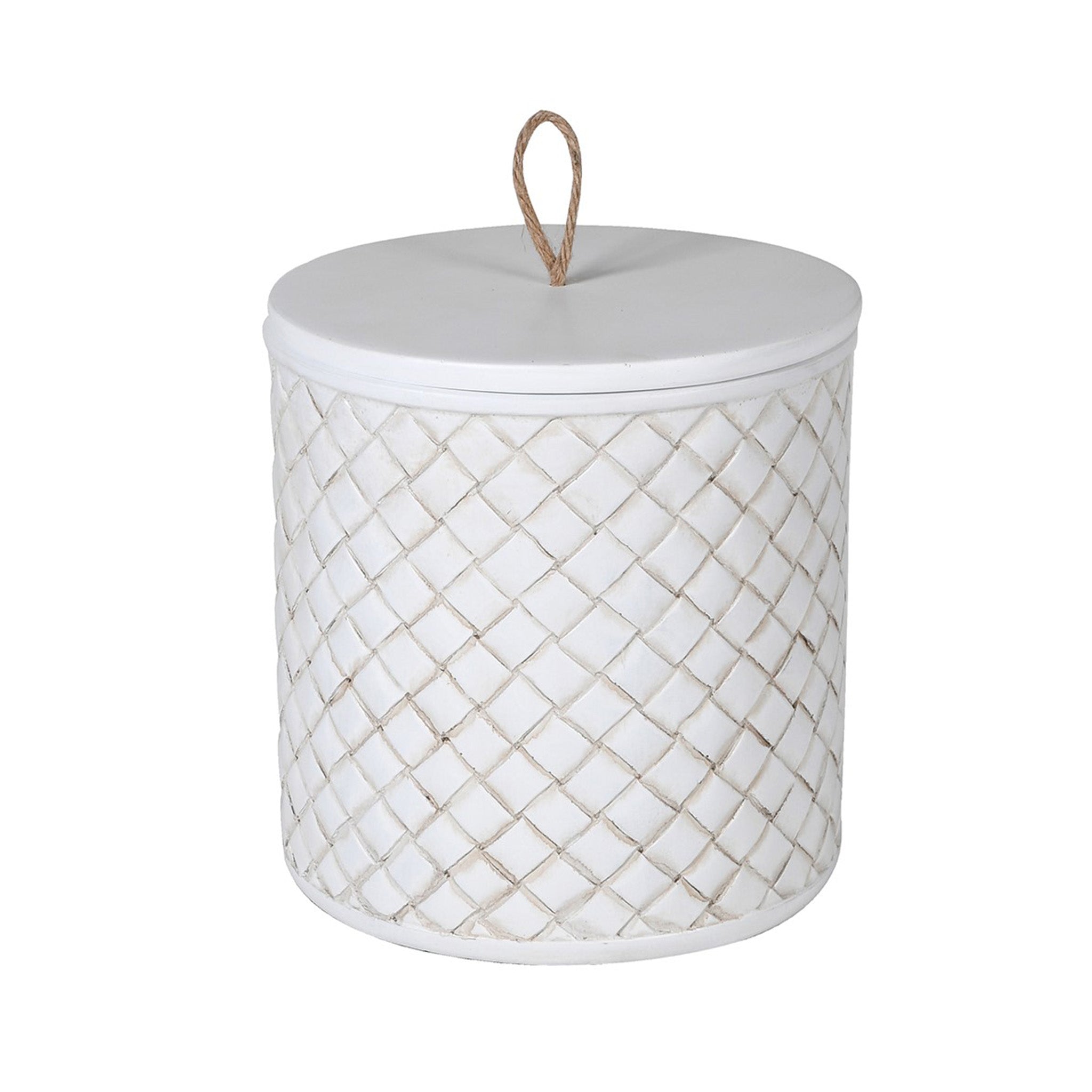 Round white jar with lattice pattern and lid  Dimensions: H:170 Dia:165 mm  Materials: Polyresin  Delivery: 7-10 days