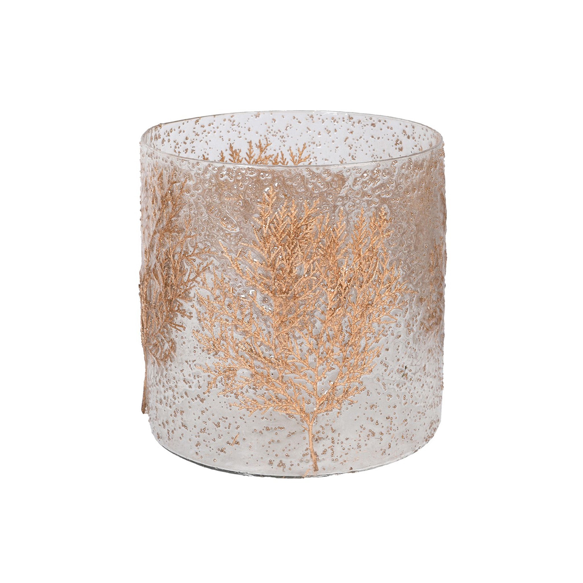 A cylindrical glass candle holder with a frosted, bubble-textured finish and raised rose gold botanical tree detailing around the exterior. Suitable for a pillar candle. 
