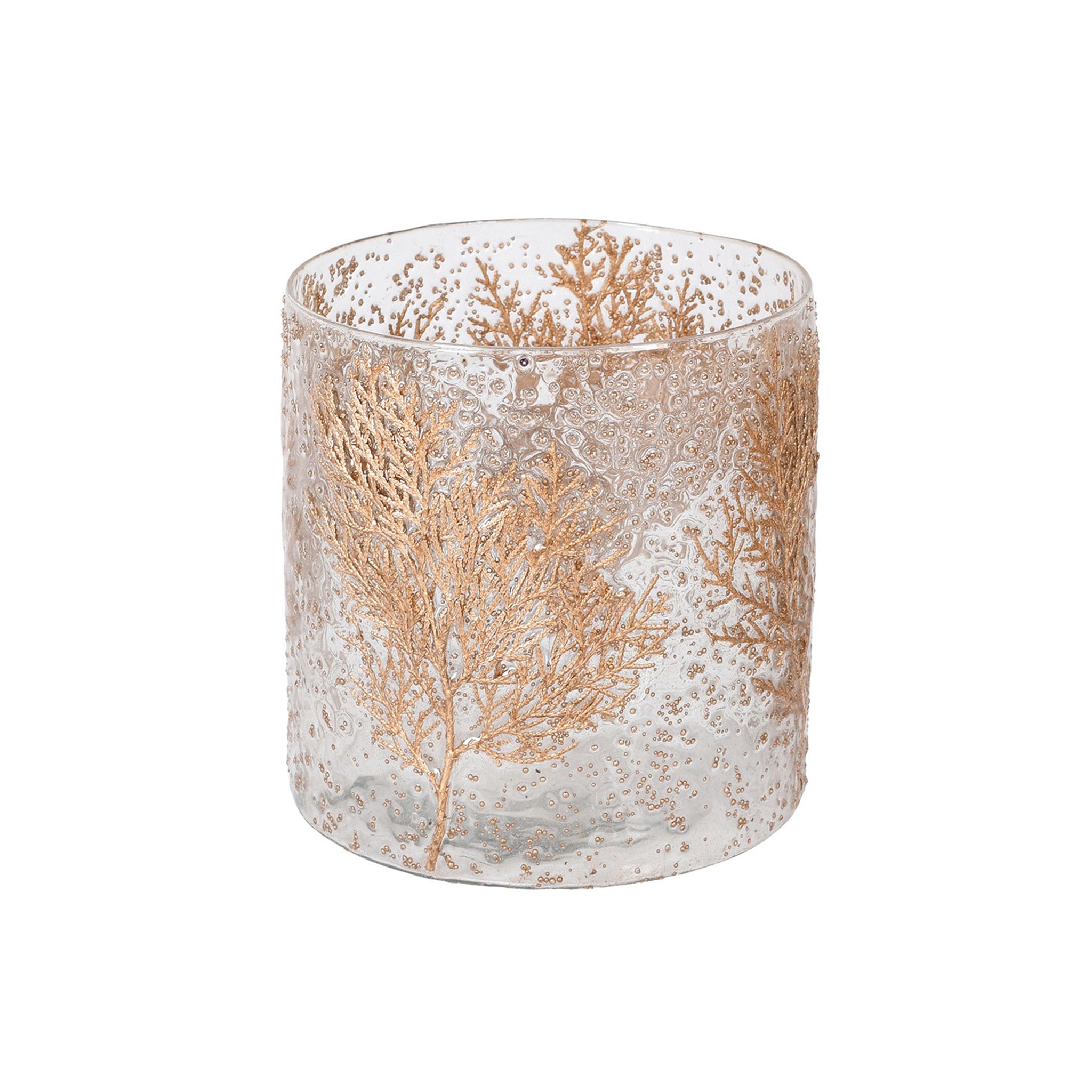 A cylindrical glass candle holder with a frosted, bubble-textured finish and raised rose gold botanical tree detailing around the exterior. Suitable for a pillar candle. 