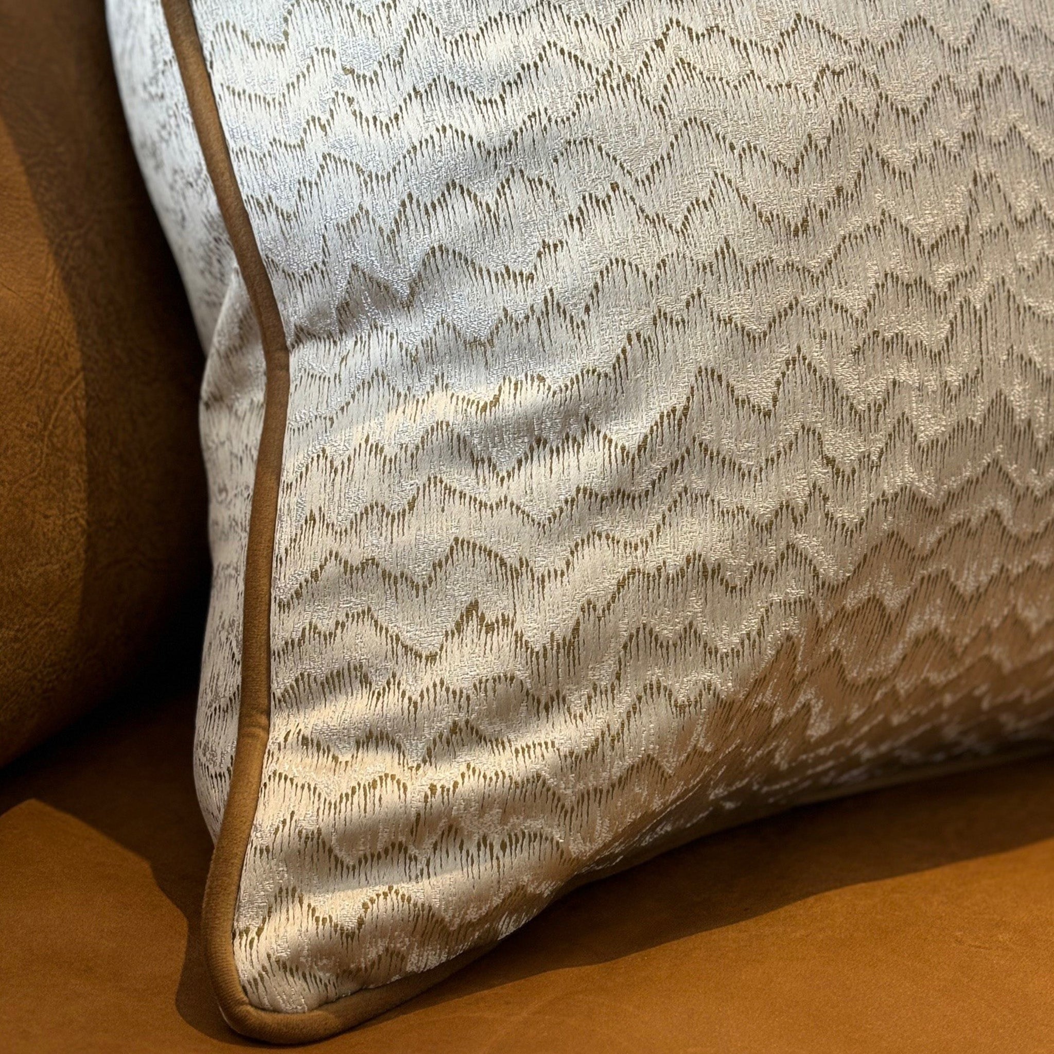 Ecru and Tan Satin Finish Patterned Cushion with Tan Piping