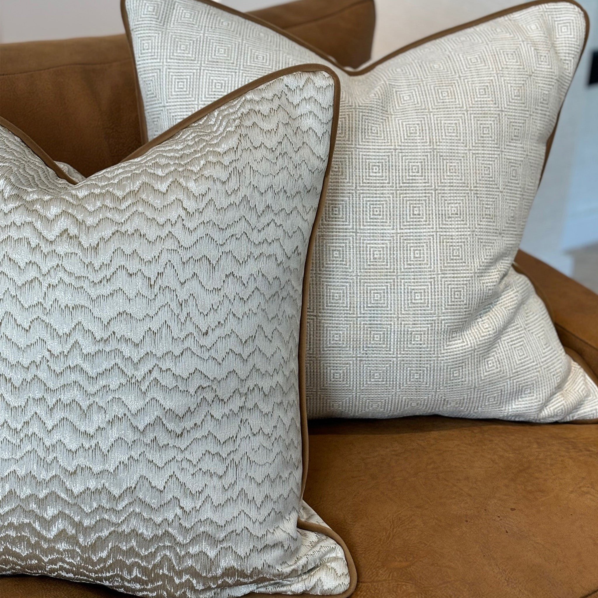 Ecru and Tan Satin Finish Patterned Cushion with Tan Piping