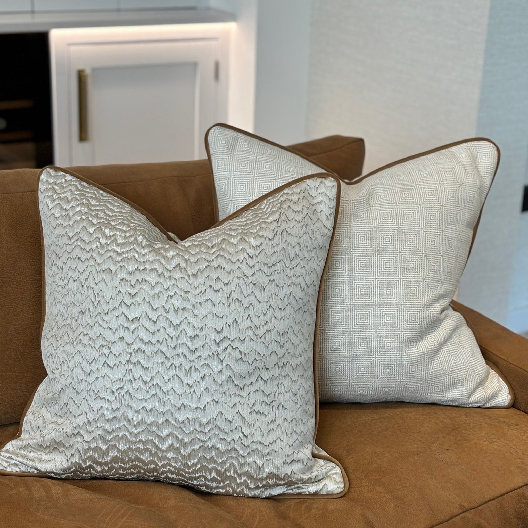 Ecru and Tan Satin Finish Patterned Cushion with Tan Piping