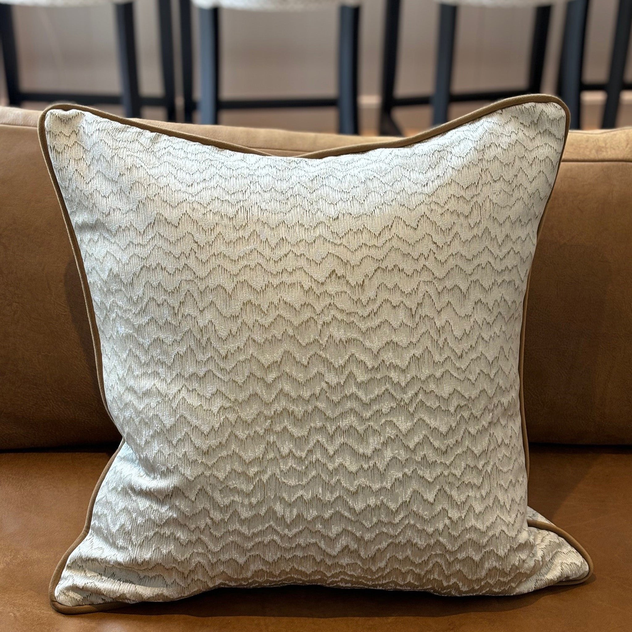 Ecru and Tan Satin Finish Patterned Cushion with Tan Piping