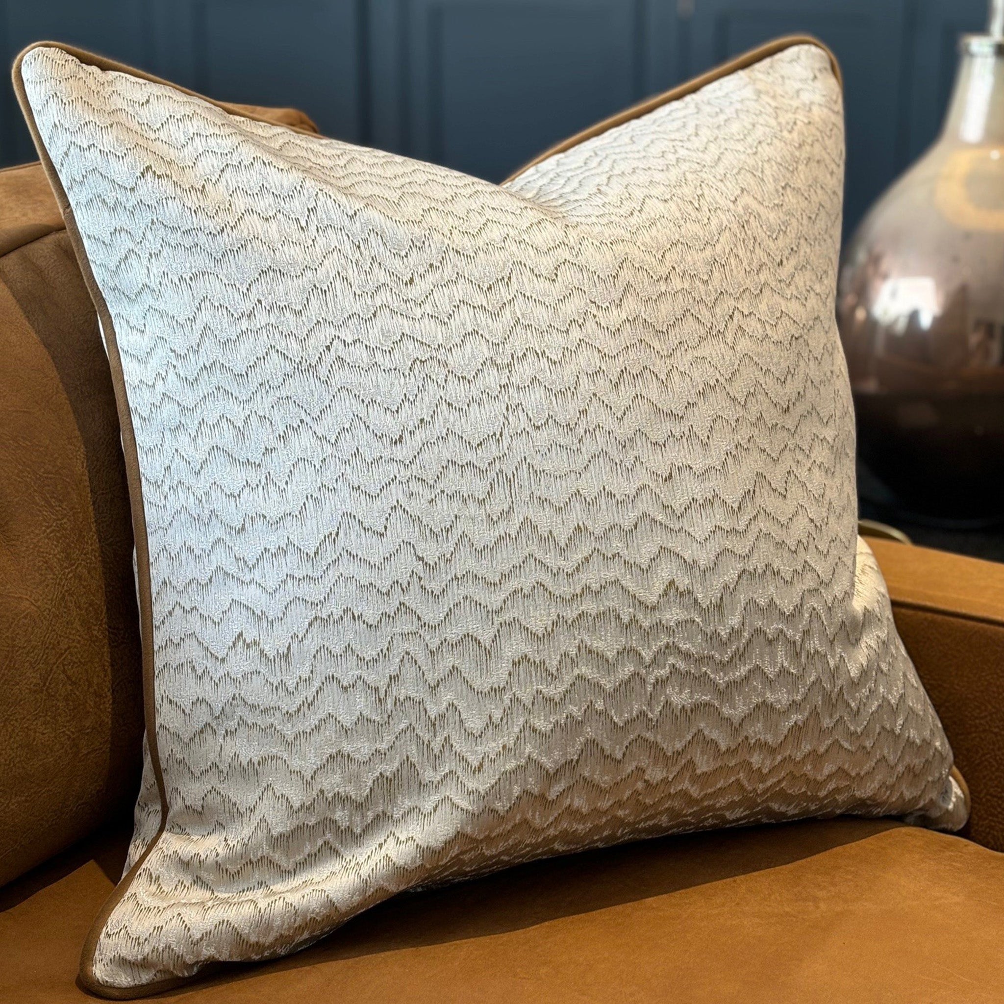 Ecru and Tan Satin Finish Patterned Cushion with Tan Piping