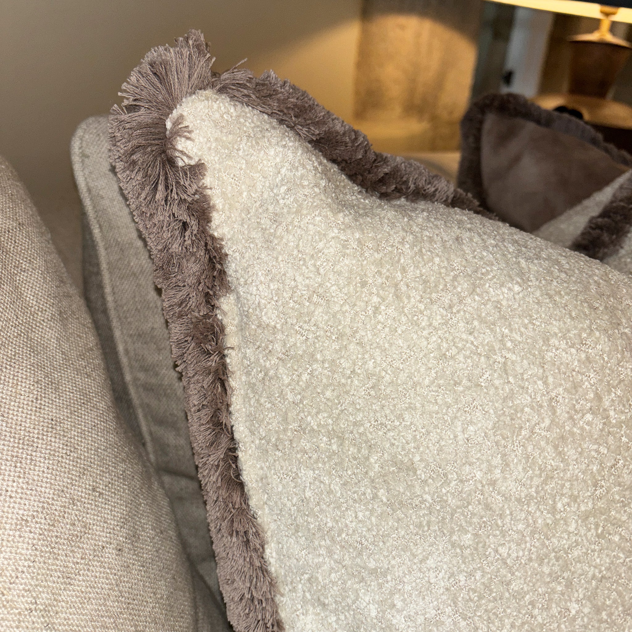 Boucle Cushion Cover in Ecru with Contrast Tan Piping