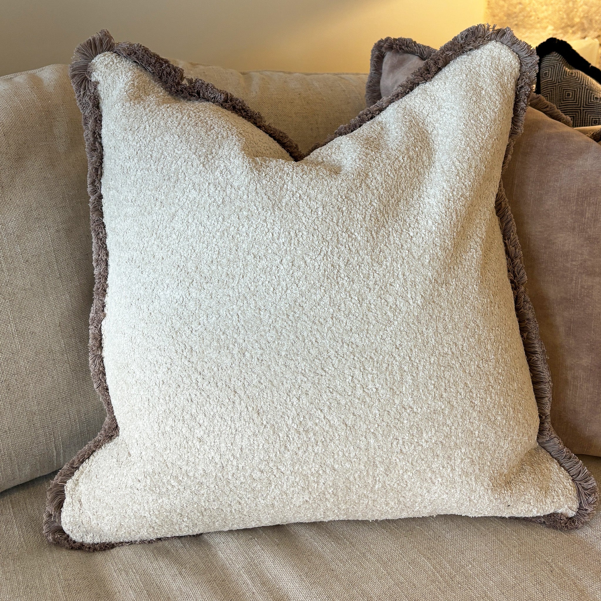 Boucle Cushion Cover in Ecru with Contrast Tan Piping