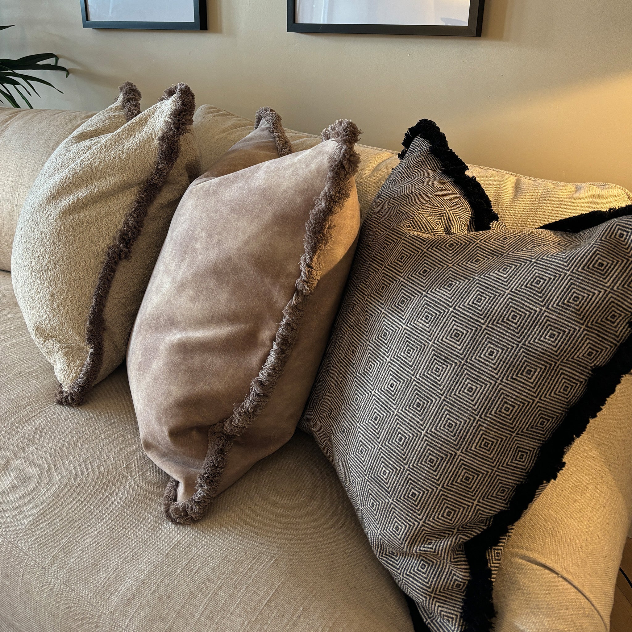 Textured Velvet Cushion with Fringing
