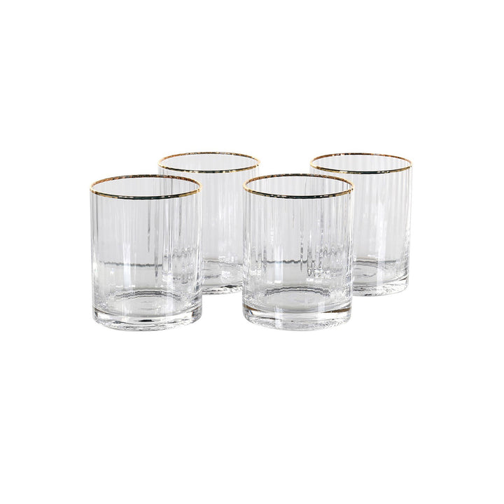 Set of 4 ribbed tumbler glasses with a gold rim edge  Dimensions: H:100 Dia:80 mm  Materials: Glass  Delivery: 7-10 days