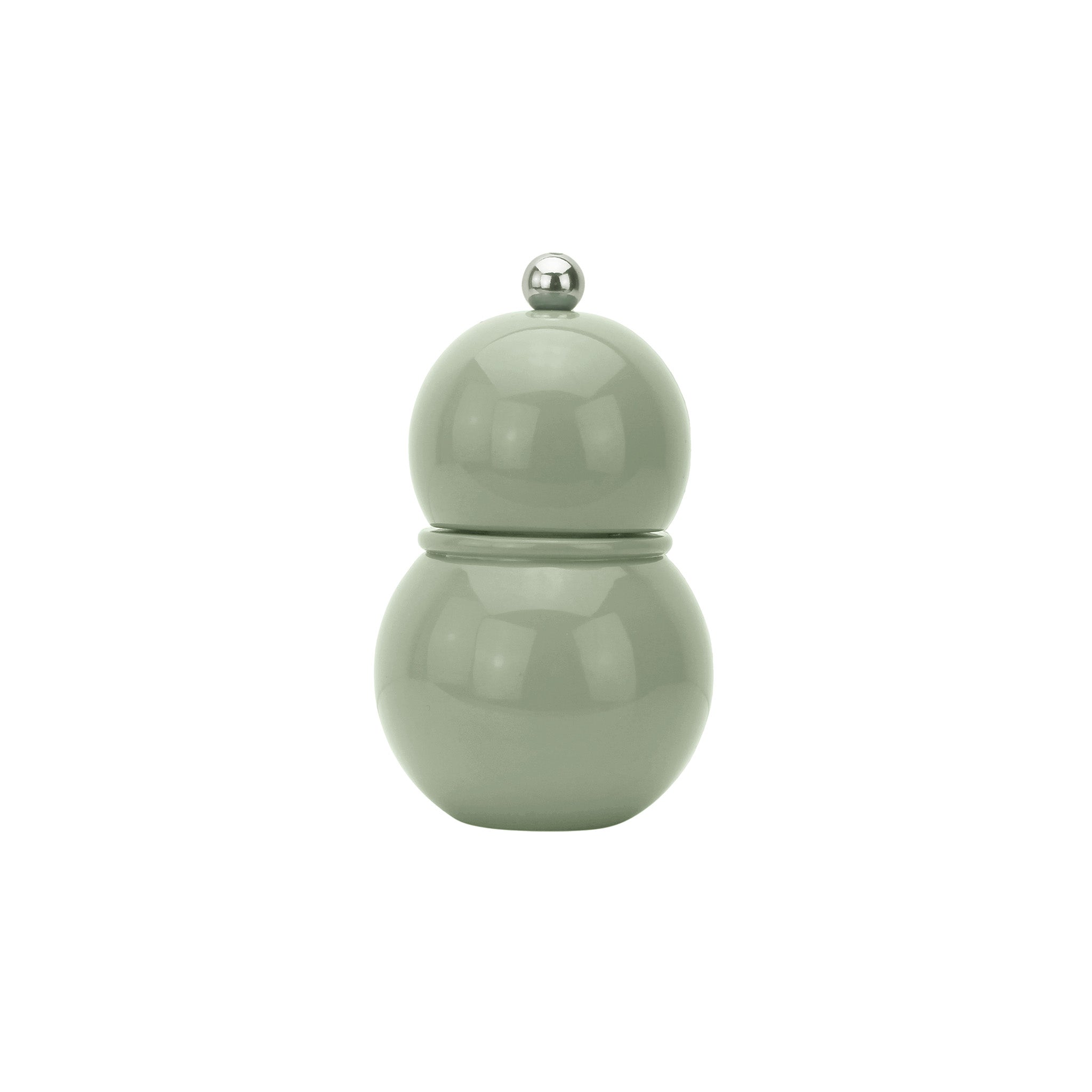 Salt and pepper grinder in a bobbin shape with a sage green lacquered gloss finish. Items are sold as individual, not a pair. Dimensions: 130 x 60 x 60 mm  Delivery: 2-3 weeks
