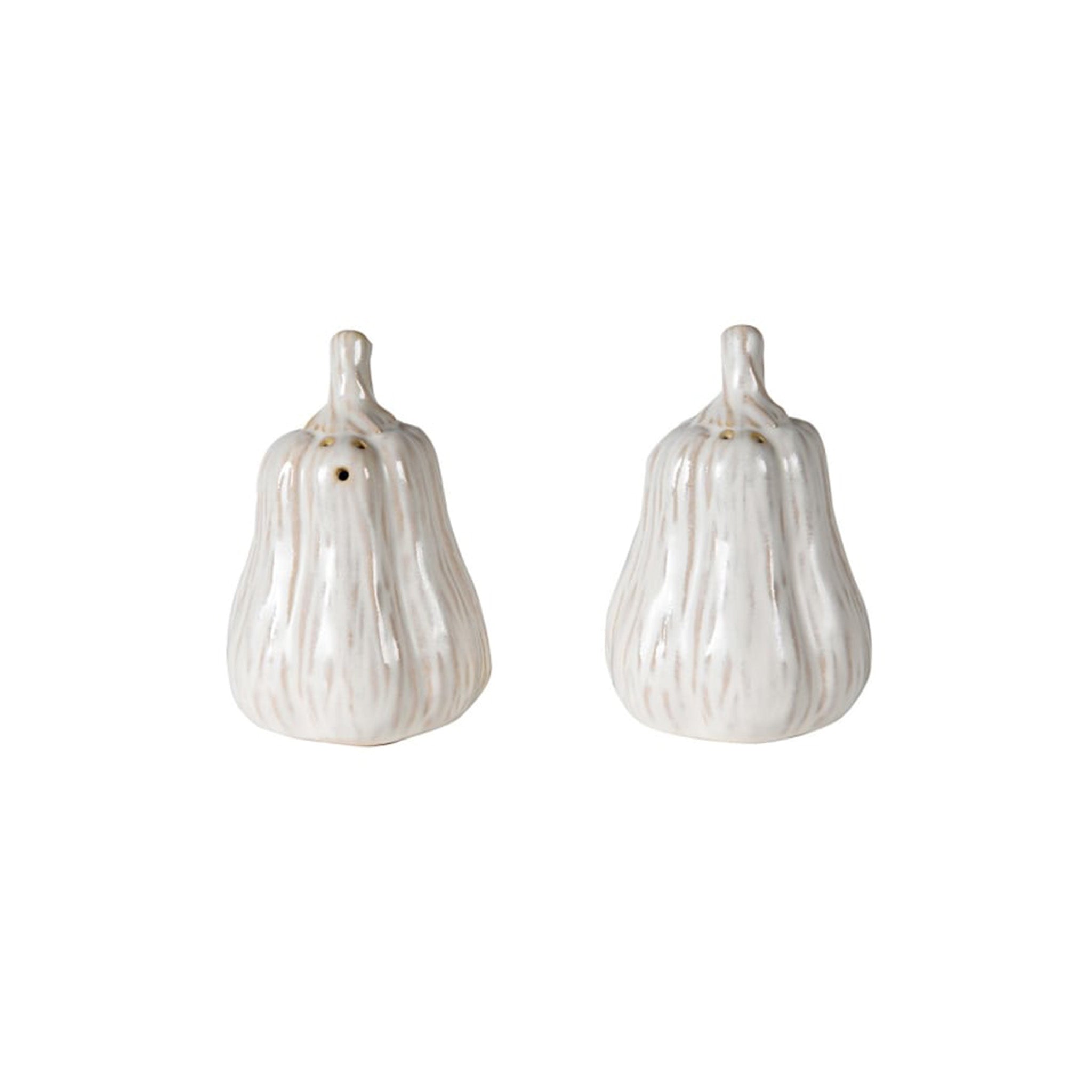 A ceramic salt and pepper shaker set shaped as butternut squash, finished in a cream reactive glaze with subtle warm undertones.