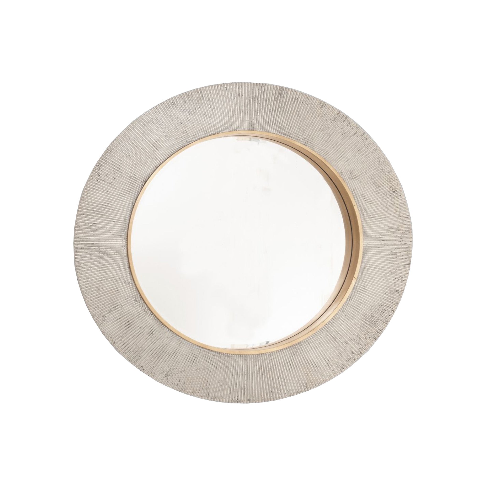 A round mirror with a textured border in champagne silver, and a brass finish trim inlay. Dimensions: Dia:9000 D:40 mm  Materials: Resin, Mirror  Delivery: 5-7 days