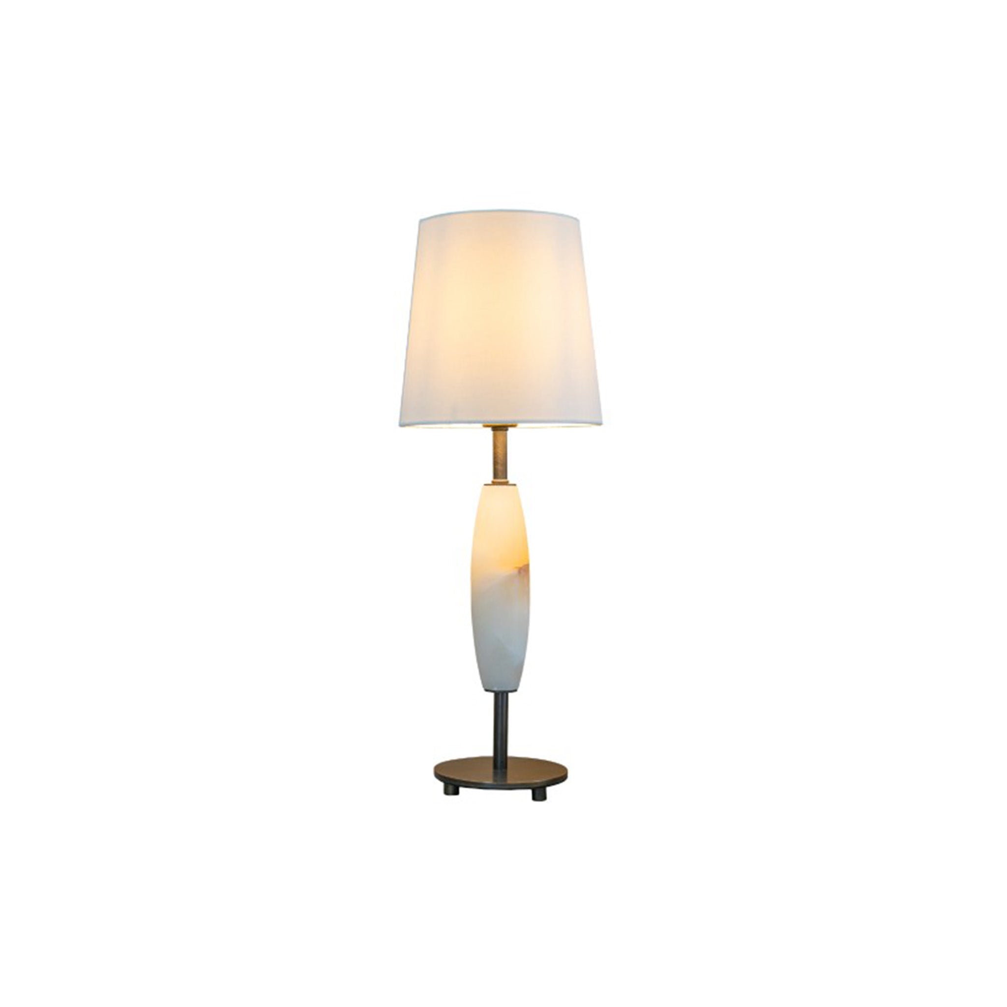 A slender table lamp with an elongated oval base in a white and grey marble effect, set on a dark bronze metal tripod-style base with a matching metal neck and white tapered shade.