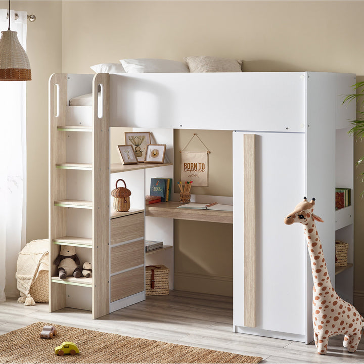 Highsleeper Single Bunk Bed is the perfect bed for younger ones as they transition to teenagers, finished in matt white with woodgrain accents. This high sleeper features an angled corner desk, combined with a storage drawer and built-in shelving units, plus a hidden enclosed one-door wardrobe. Featuring a glow-in-the-dark stepped ladder to make climbing up easier in the night.  Dimensions: D:196 W:98.5 H:178.5cm