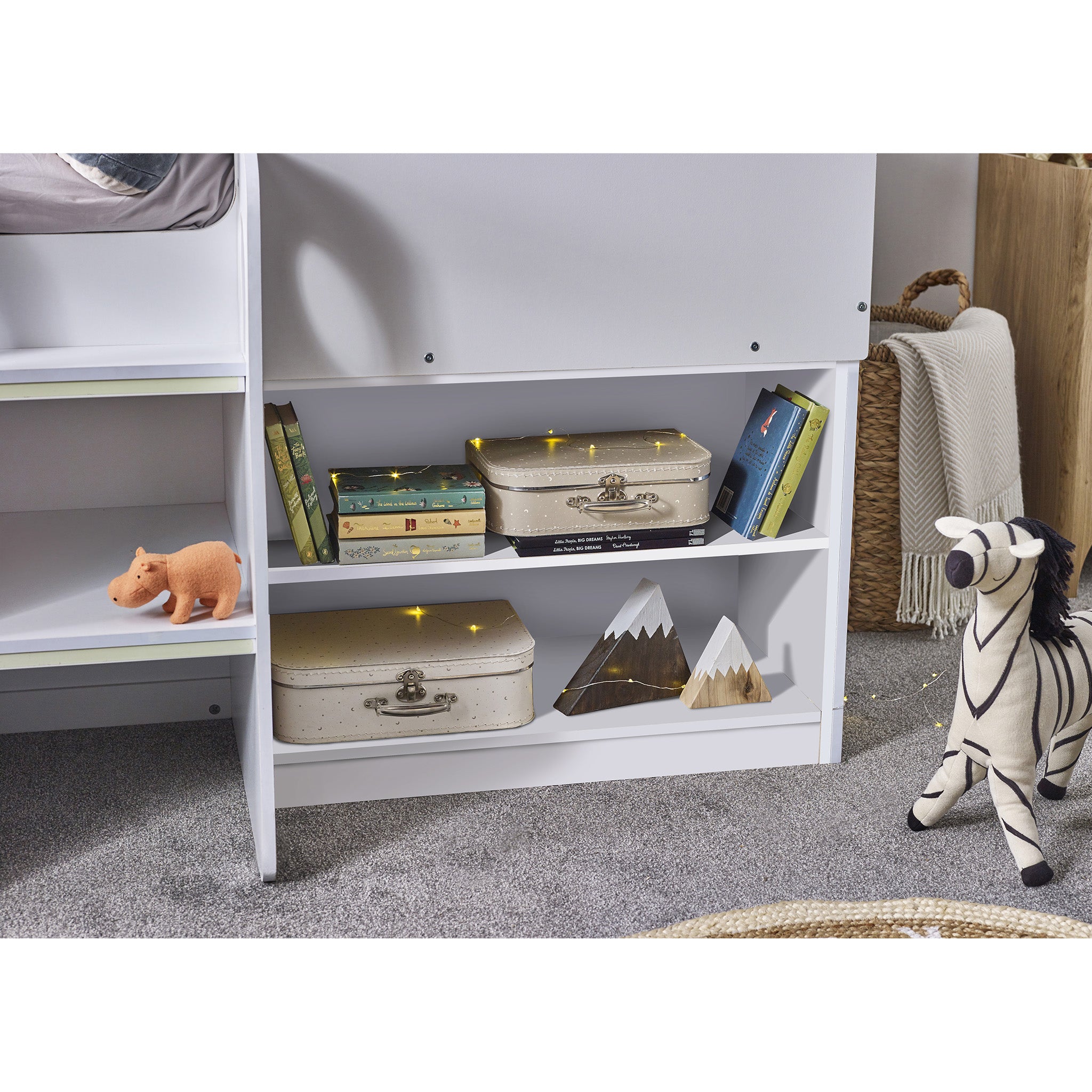 House Style Midsleeper Bed with Storage in White
