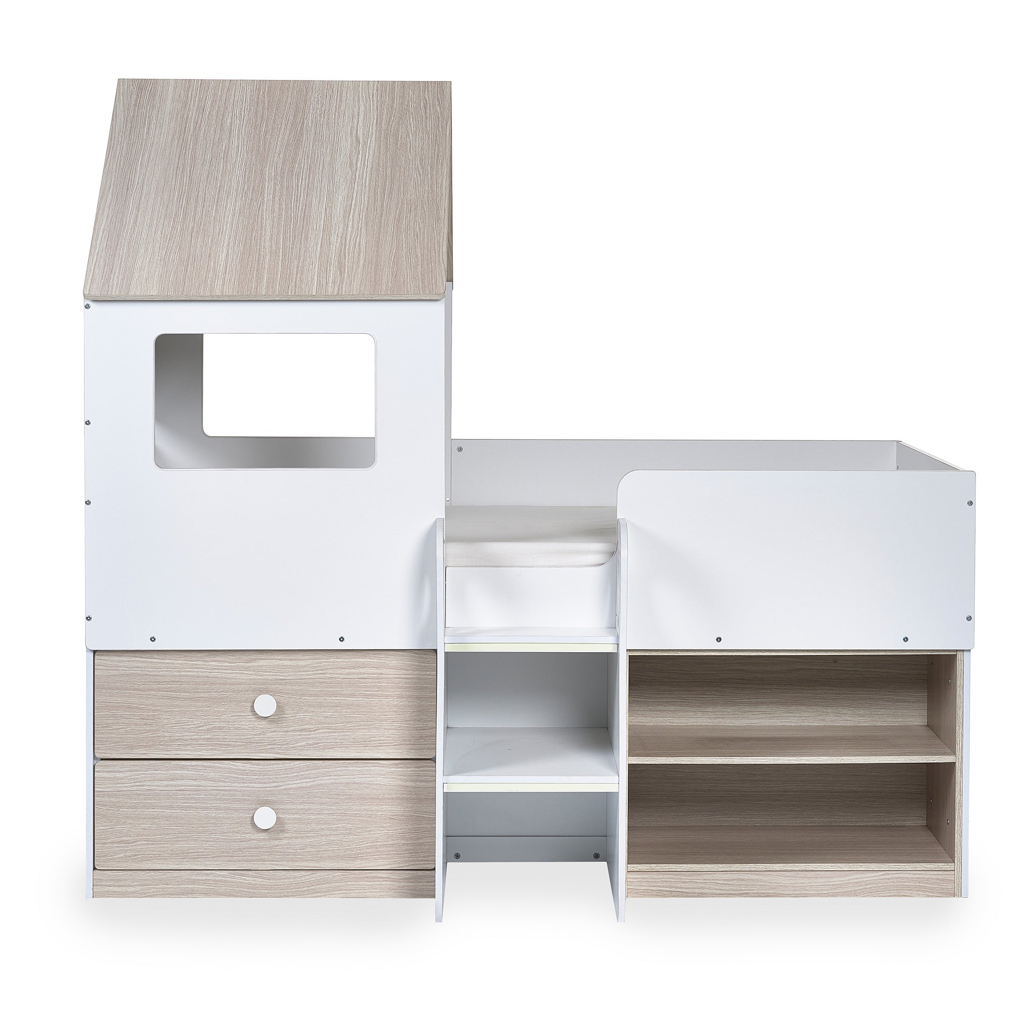 House Style Midsleeper Bed with Storage in Wood and White