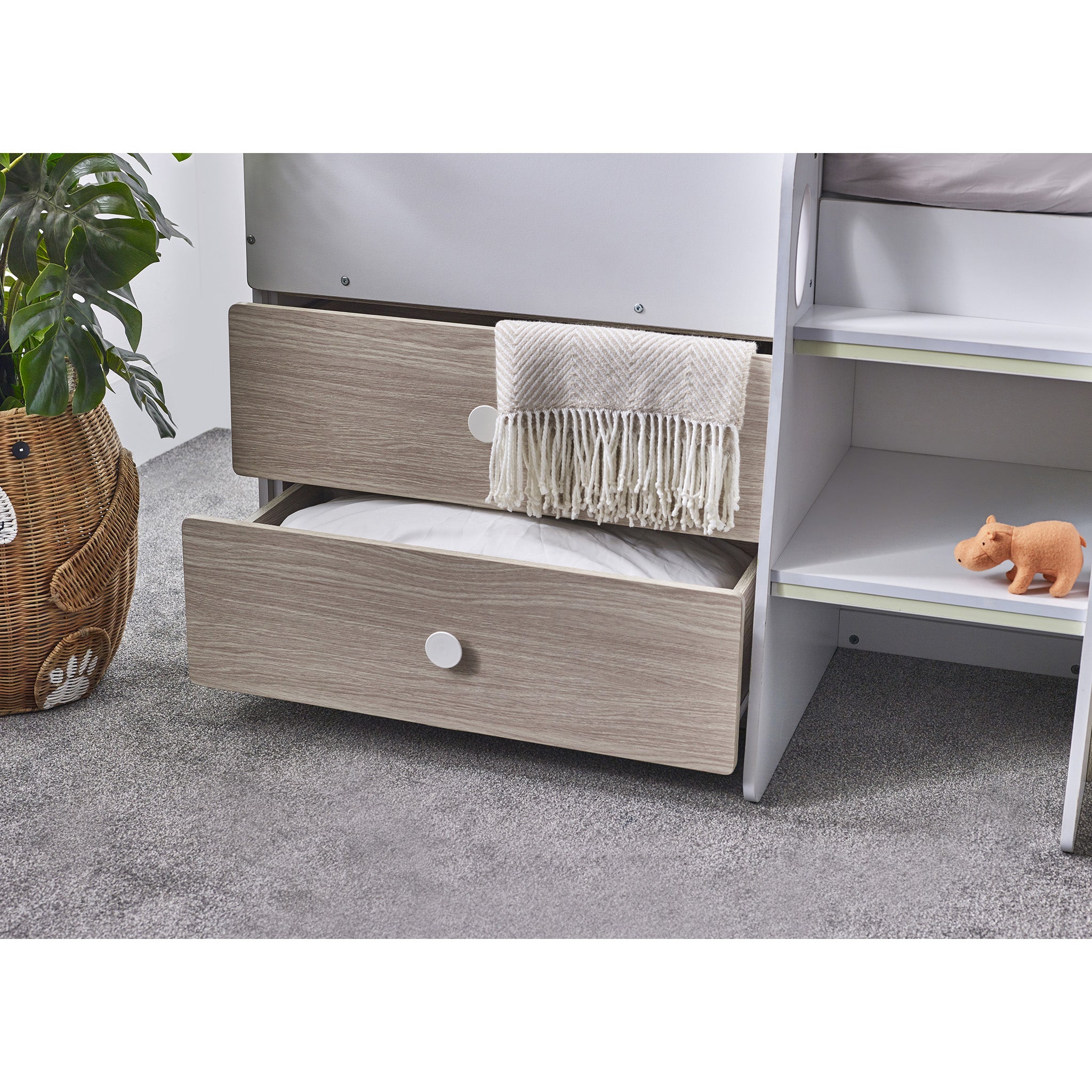 House Style Midsleeper Bed with Storage in Wood and White