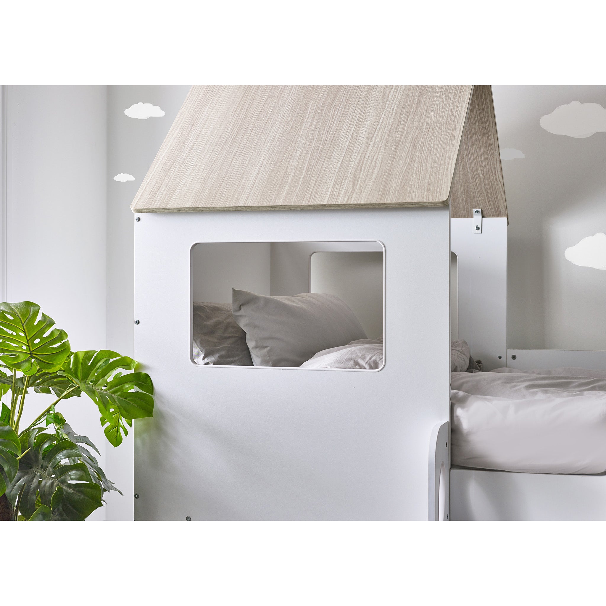 House Style Midsleeper Bed with Storage in Wood and White