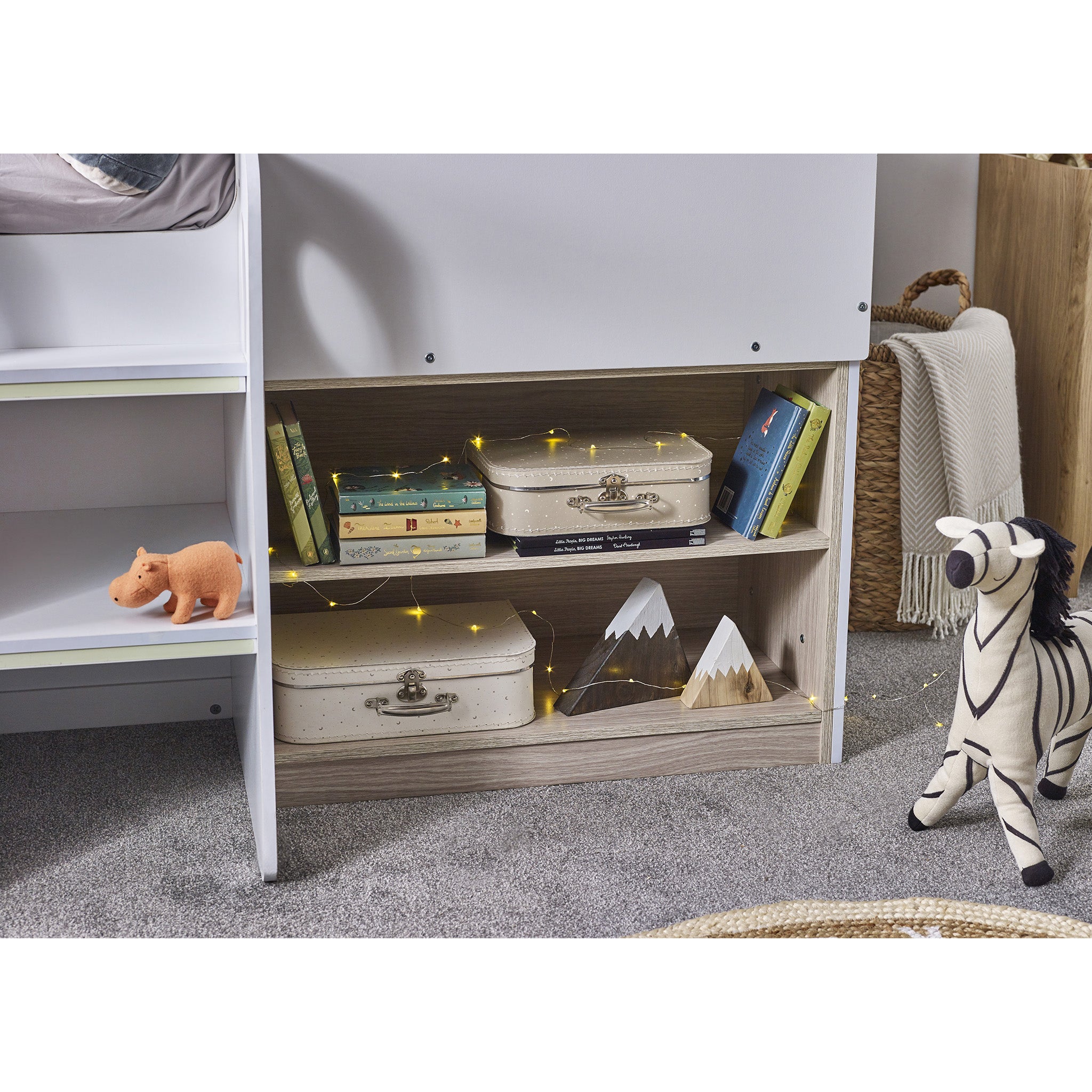 House Style Midsleeper Bed with Storage in Wood and White
