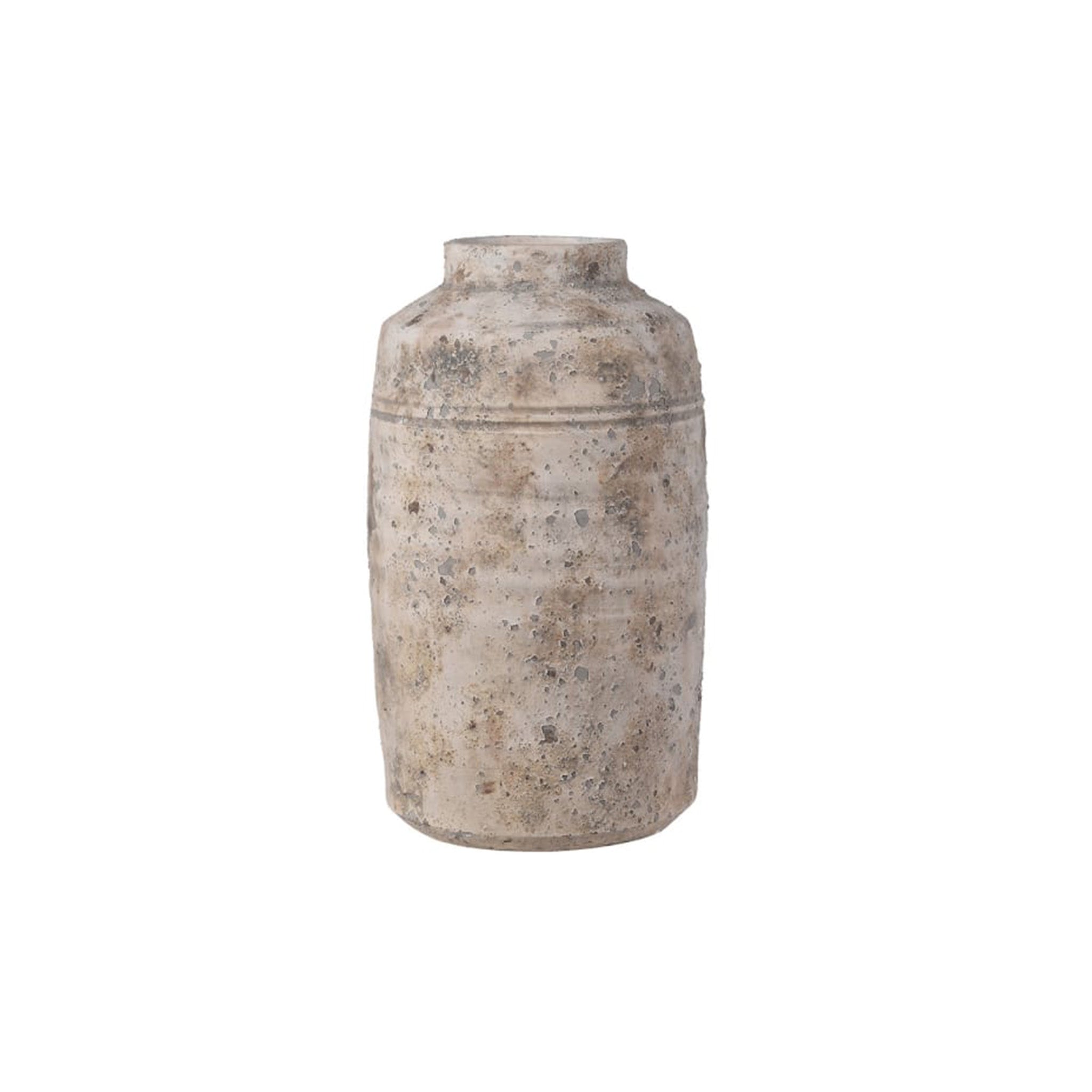 A tall, cylindrical urn-style vase . The heavily weathered finish in warm stone, sand and soft brown tones is flecked with pitted patches, giving it the look of a well-aged piece that has been loved for generations. Delivery: 7-10 days depending on stock availability