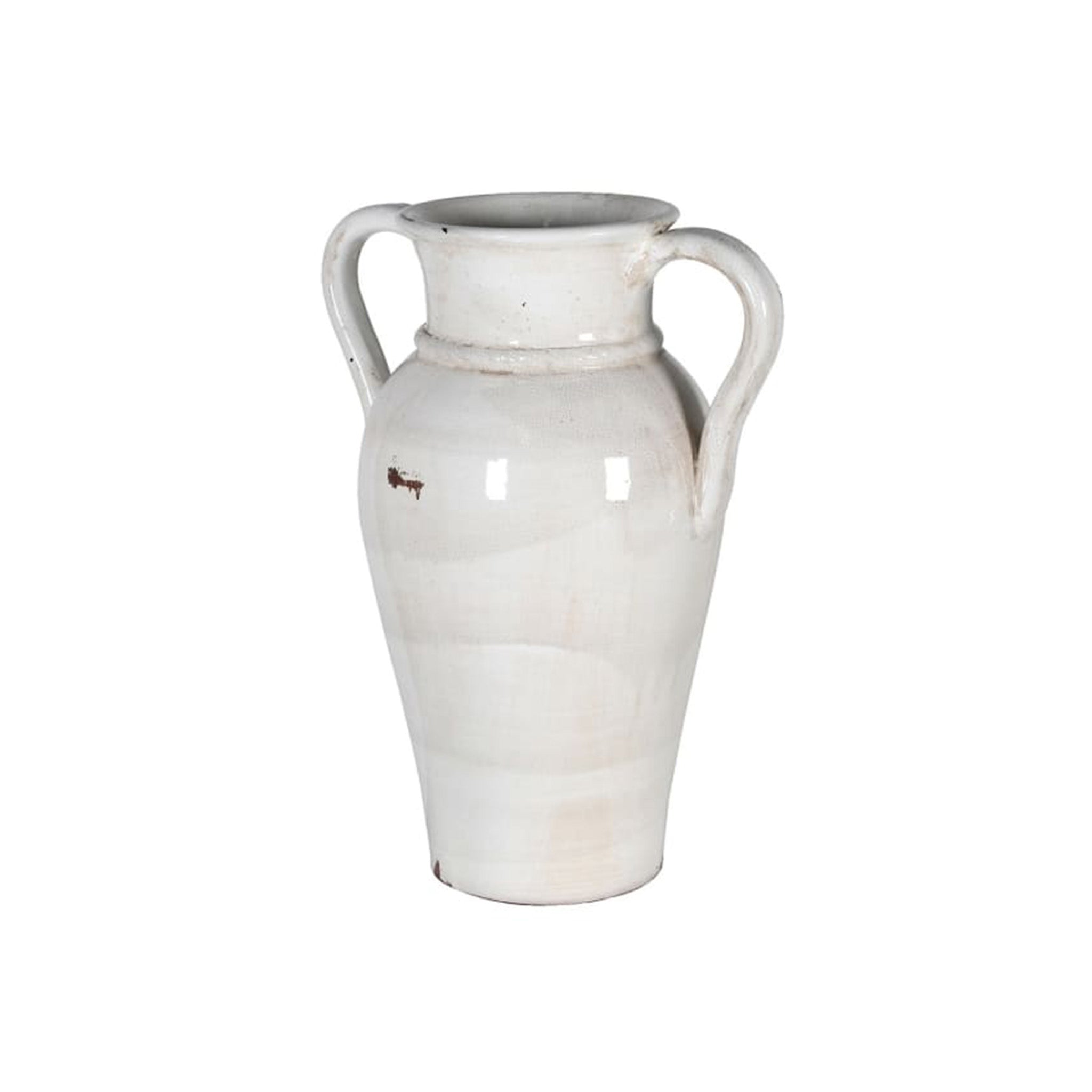 The larger version of our charming rustic two handled vase with an antique-inspired finish. The creamy white glaze with its gently distressed, crazing effect gives it an authentically aged look, while the classic amphora-style silhouette and ridged neck add a timeless, artisanal quality.                         