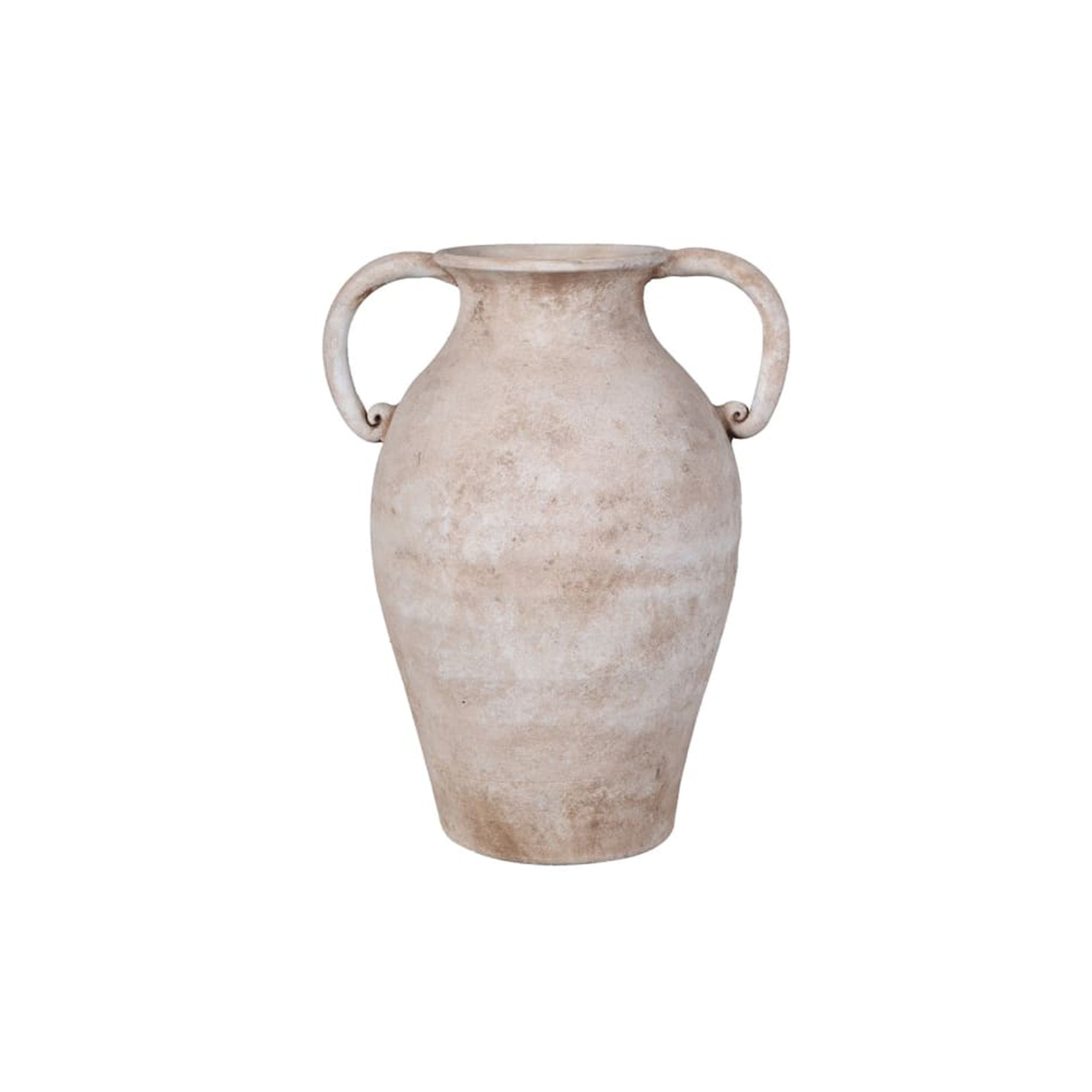 A classically shaped amphora vase with a softly tapered body, a flared lip and two elegant handles that finish in a scrolled curl, in a weathered, chalky finish warm toned finish. Delivery: 7-10 days depending on stock availability