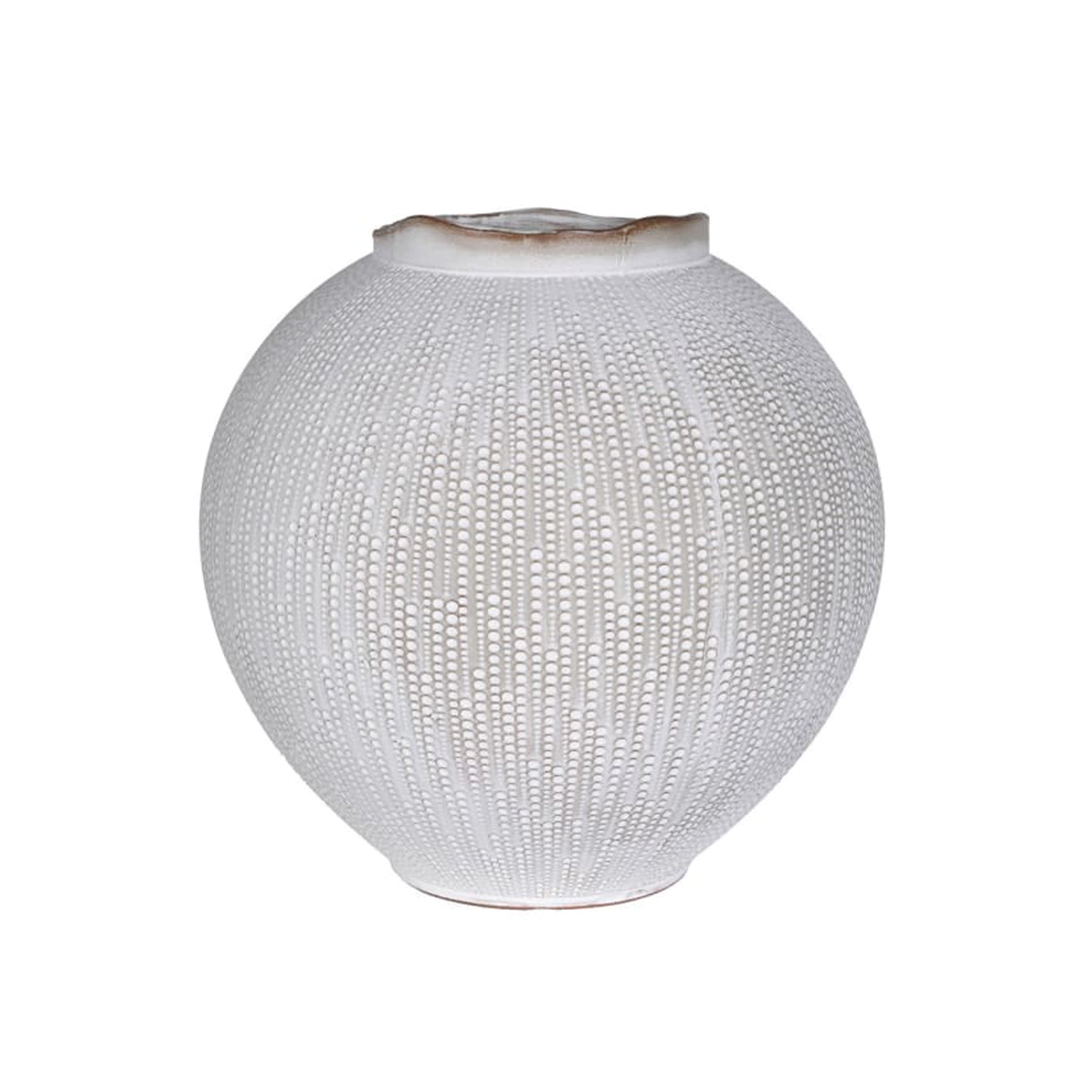 A sculptural, globe-shaped vase with a finely raised dot pattern that runs in soft, cascading lines over a warm taupe glaze. Delivery: 7-10 days depending on stock availability