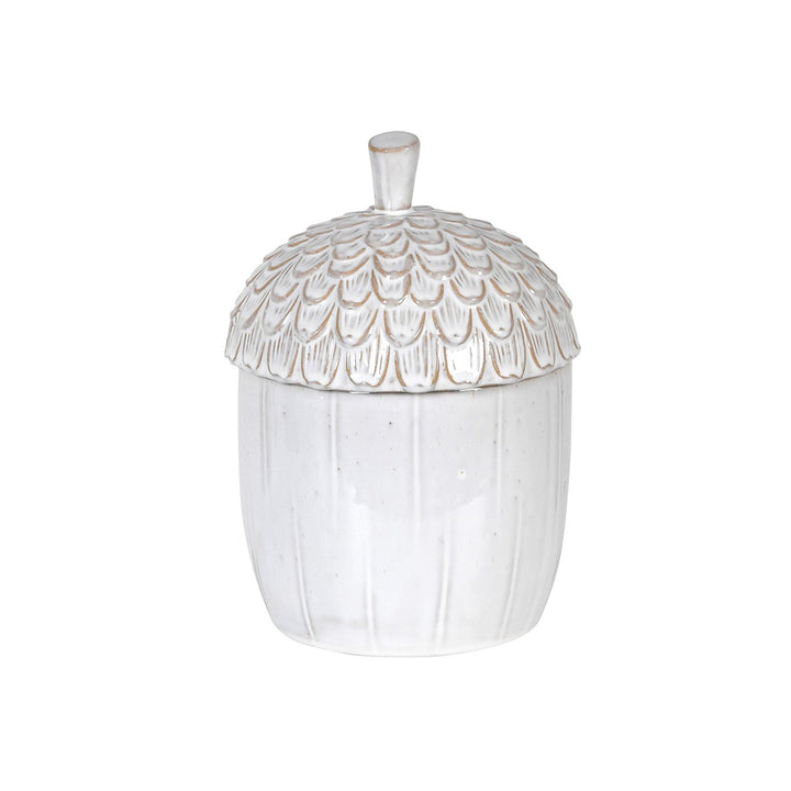 White ceramic ornamental jar with an acorn lid    Dimensions: H:240 Dia:150 mm    Materials: Ceramic   Delivery: 7-10 days