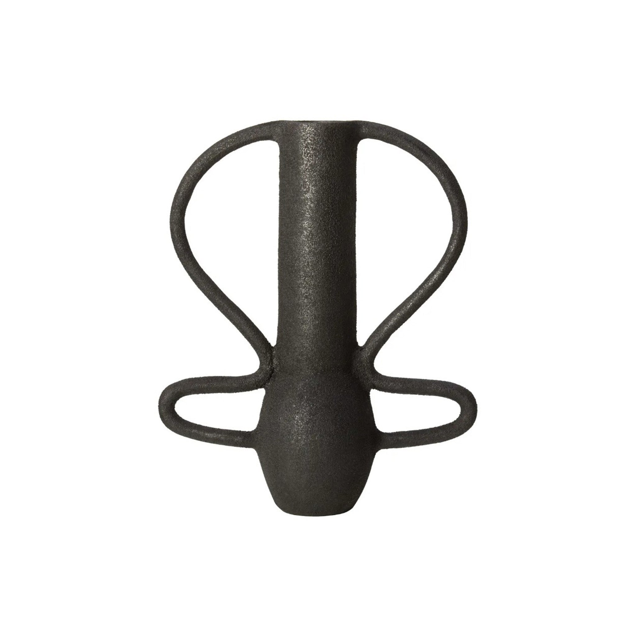 Large tapered shape wave handle vase with a unique surface texture in black, made from sturdy aluminium.  Dimensions: H35 x D11.5 x W29    Materials: Aluminium   Delivery: 7-10 working days