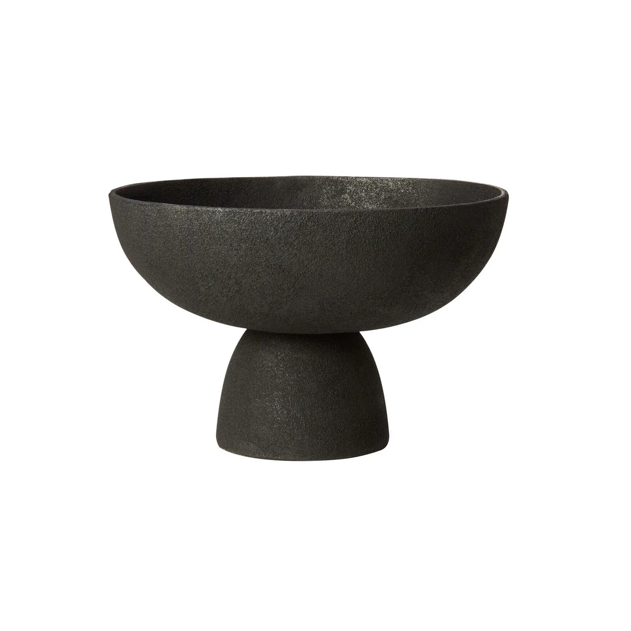 Large black pedestal bowl with a unique surface texture in black, made from sturdy aluminium. Dimensions: H20 x D29 x W30  Materials: Aluminium  Delivery: 7-10 working days