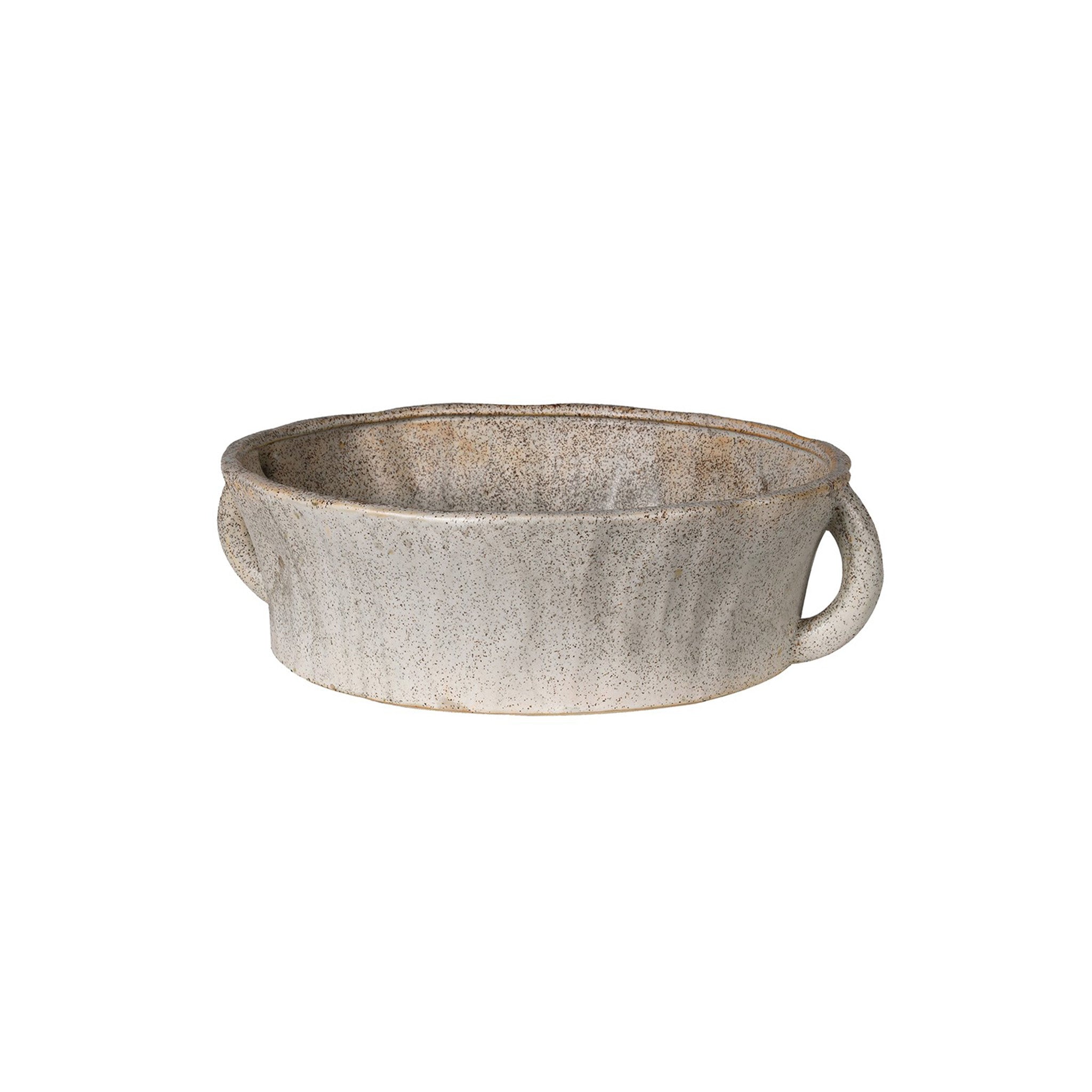 Natural beige organic shape bowl, with a speckled surface, and two handles. This product has a reactive glaze, slight variations may occur in the colour.  Dimensions: H:100 W:360 D:300 mm   Materials: Ceramic   Delivery: 7-10 working days