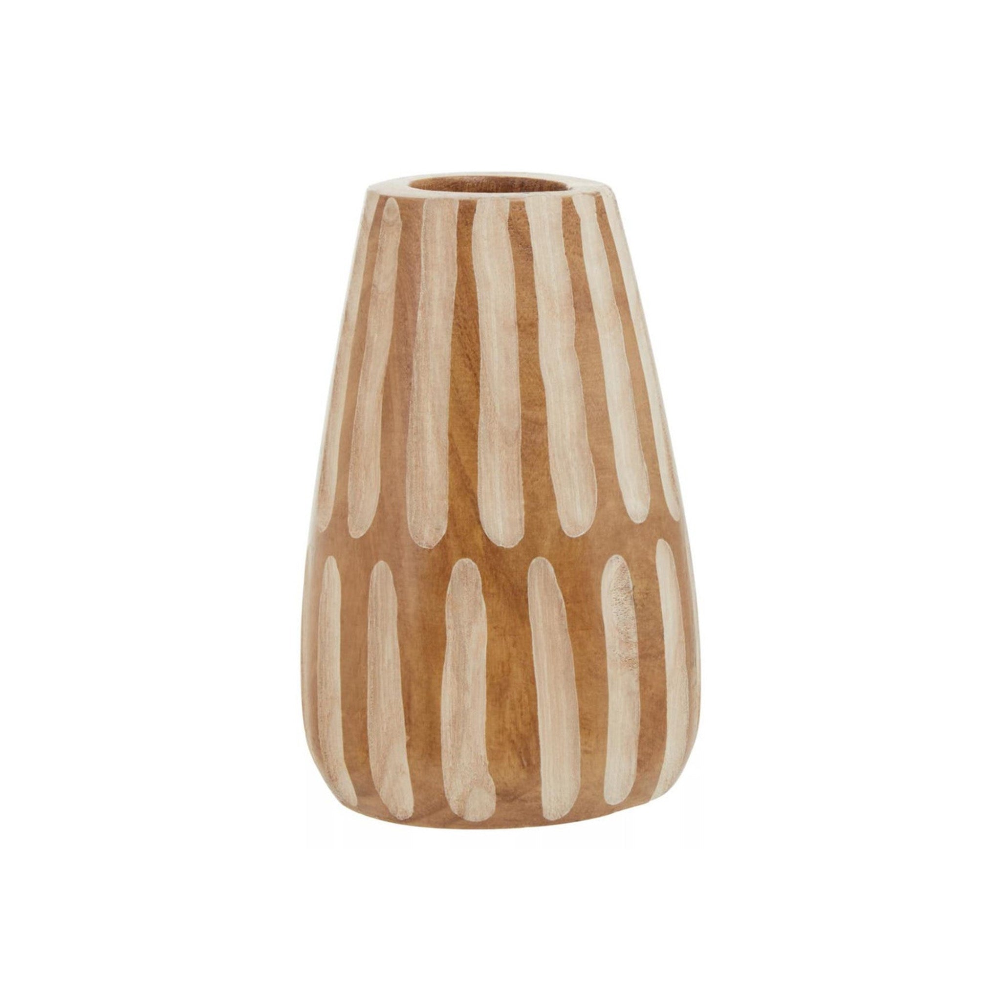 Wooden artisan style tapered vase with an organicly carved liner design. Available in two sizes, large and small. Colour is caramel brown.  Dimensions: W:14 x D:14 x H:28  Delivery: 7-10 Days