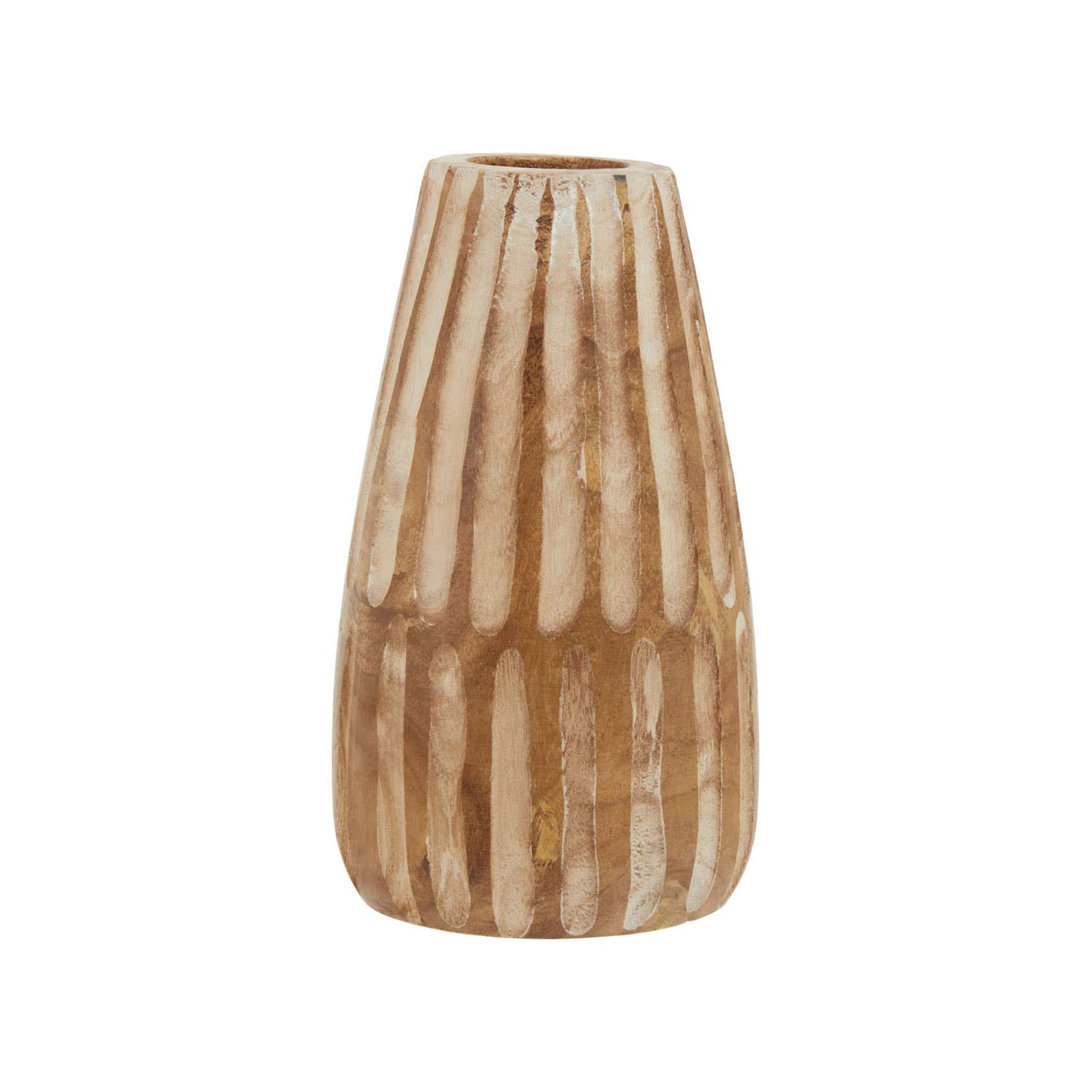 Wooden artisan style tapered vase with an organicly carved liner design. Available in two sizes, large and small. Colour is caramel brown.  Dimensions: W:14 x D:14 x H:28  Delivery: 7-10 Days
