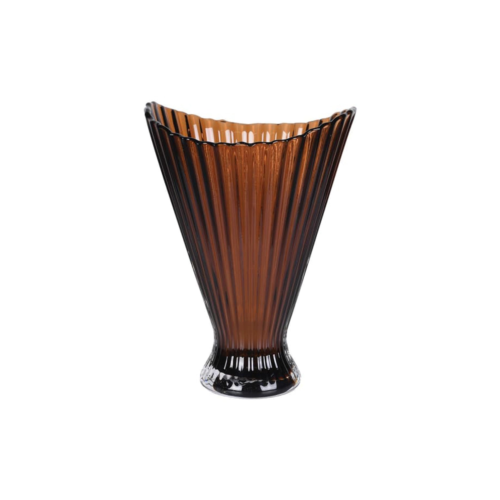 An elegant flared vase with a wide scalloped edge, in rich amber glass, featuring a classic ribbed design that catches and refracts the light beautifully.