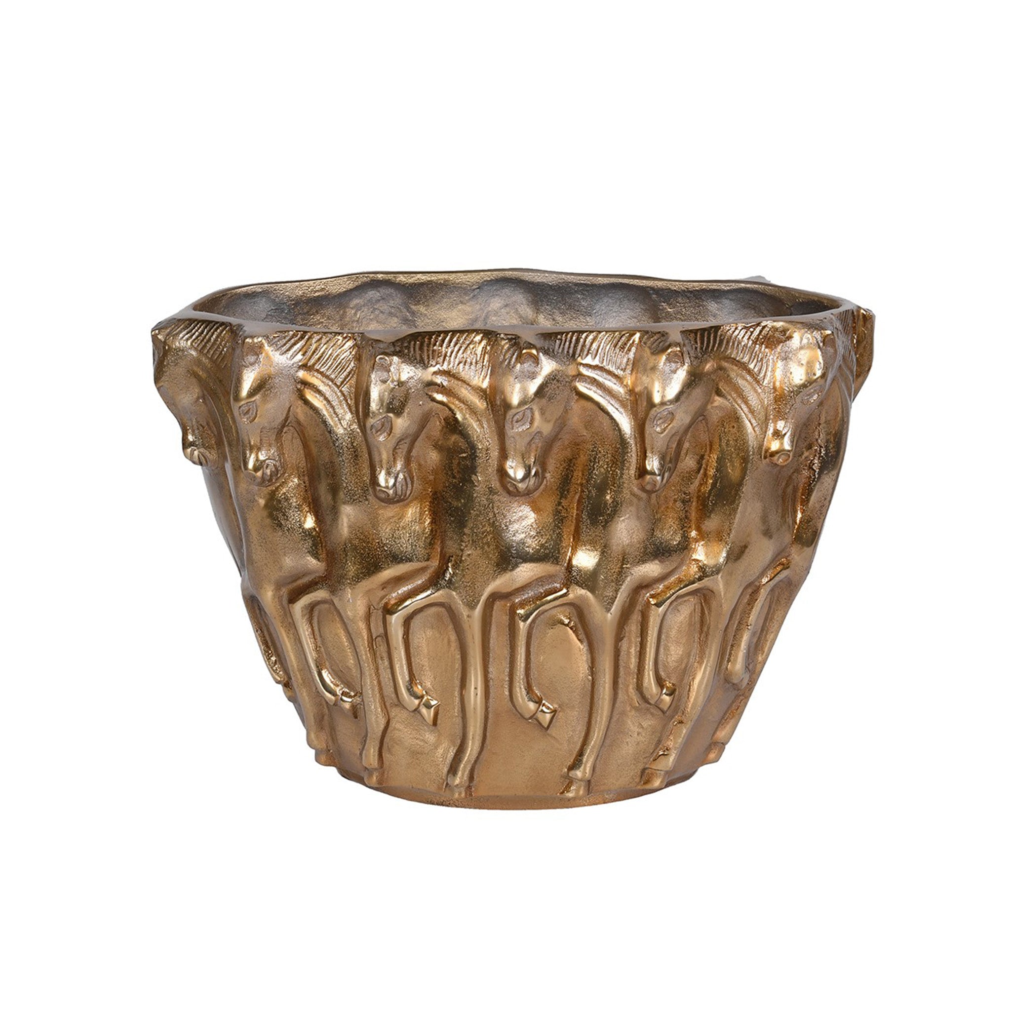 A bold decorative planter featuring a continuous relief of horses in motion around the exterior. Finished in an antique gold with warm bronze undertones, the tapered bowl shape and irregular rim give it a handcrafted feel.